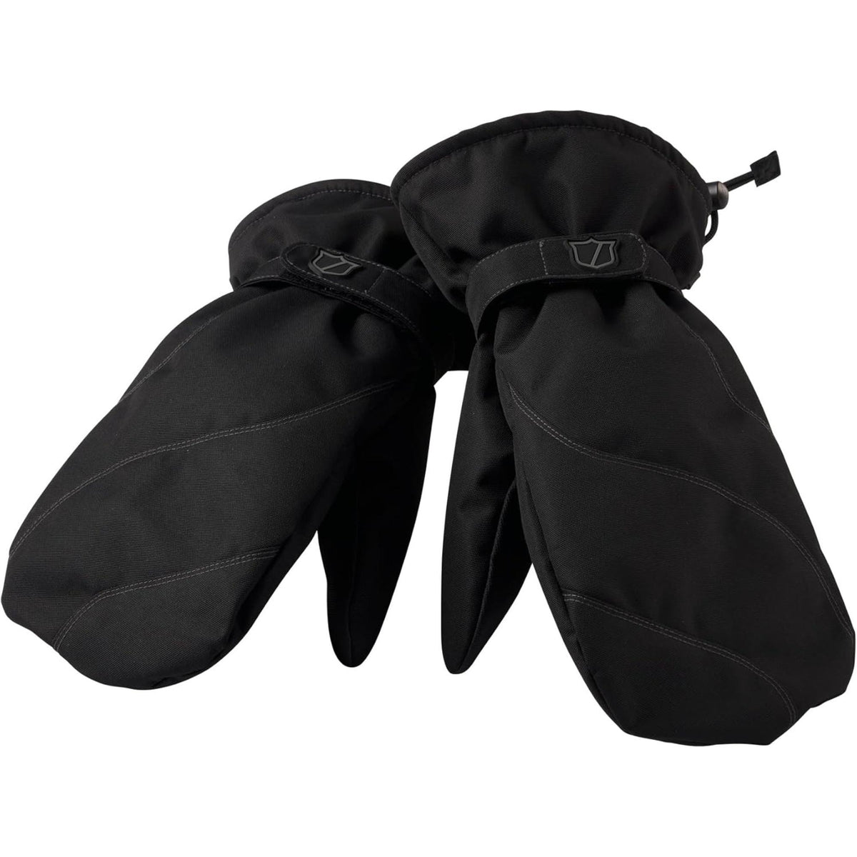 Wilson Golf winter golf mittens in black featuring insulated construction, adjustable wrist straps, and drawstring cuffs for cold-weather protection.