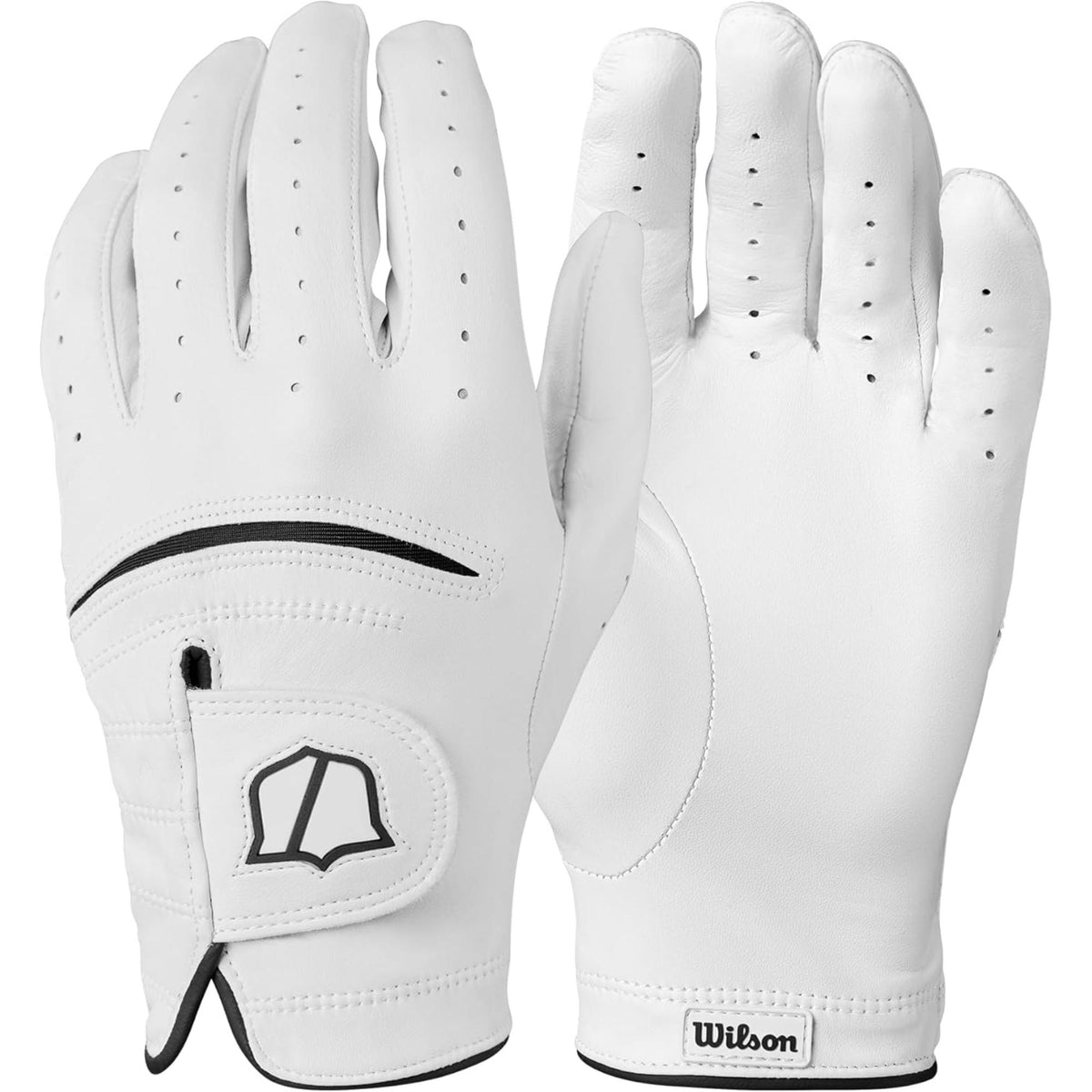 Wilson Golf Staff Model® premium white leather golf glove with perforated fingers, reinforced palm patch, and adjustable wrist closure, shown front and back on a white background.