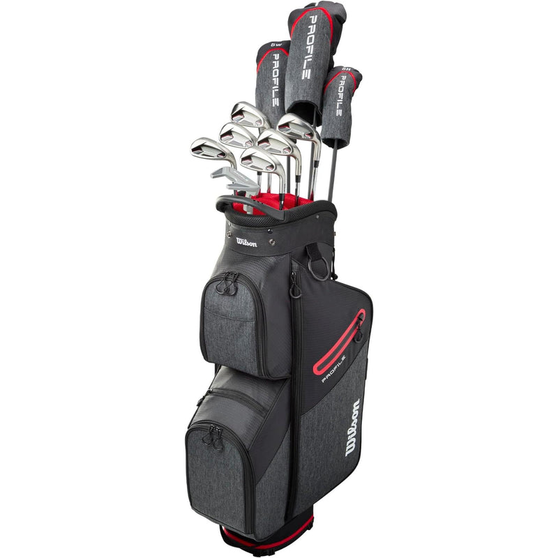 Wilson Golf Senior Profile complete golf club set with driver, fairway woods, irons, and putter in a black and gray cart bag with red accents, displayed on a white background.