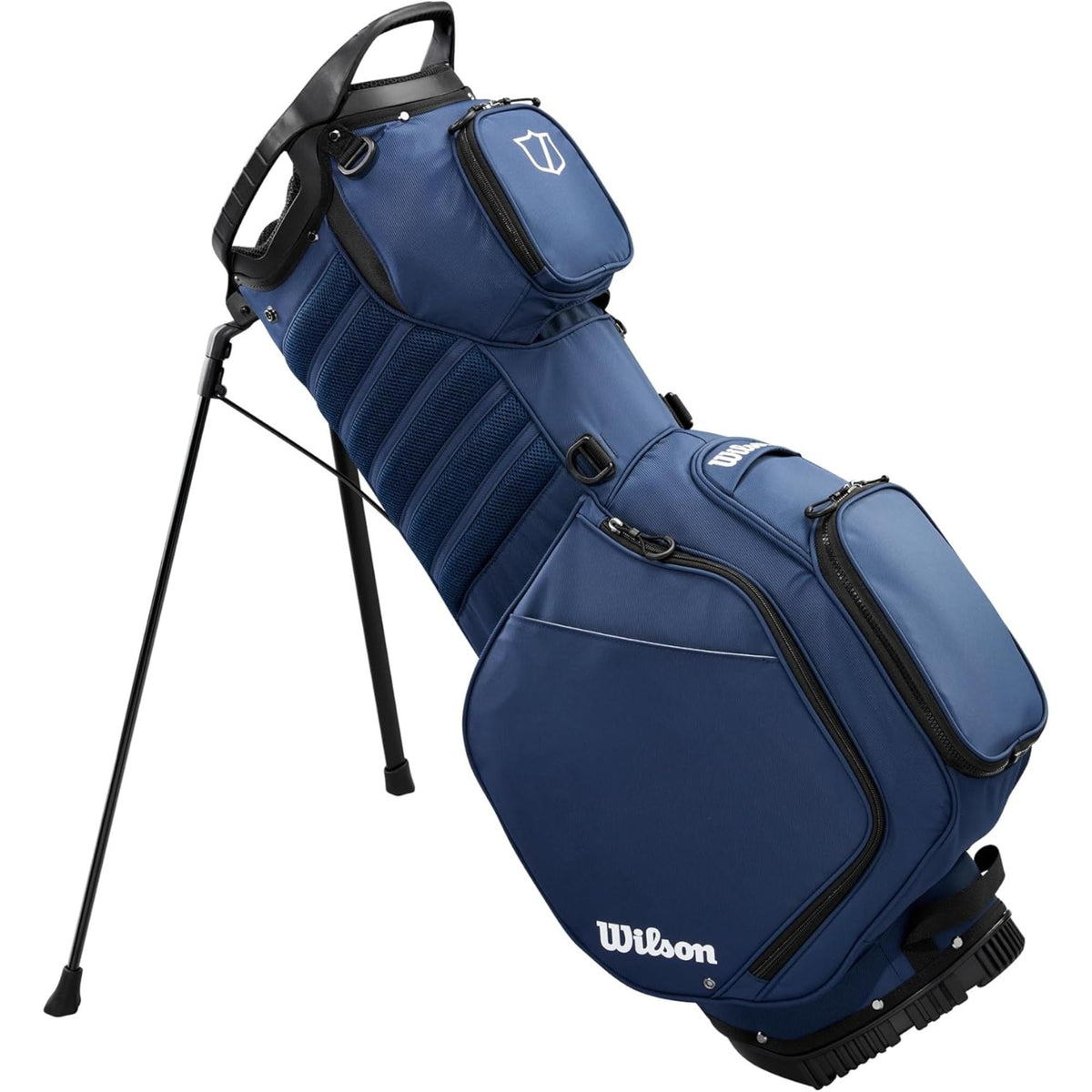 Wilson Golf Talus stand golf bag, multiple zippered pockets, built-in stand legs, and top carry handle, displayed on a white background.
