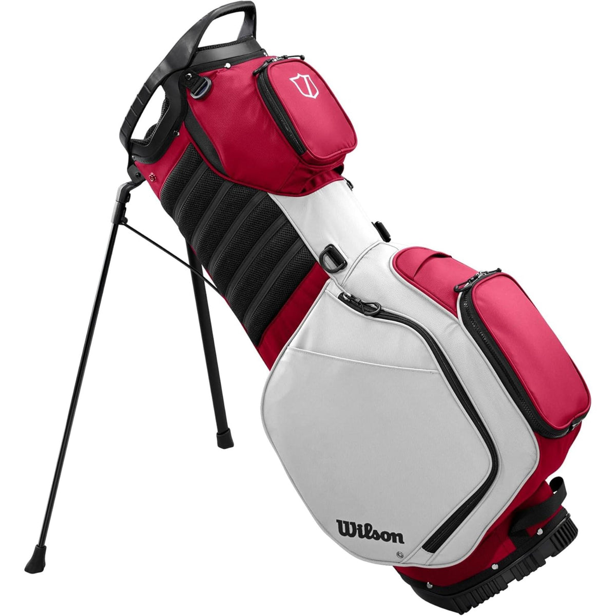 Wilson Golf Talus stand golf bag, multiple zippered pockets, built-in stand legs, and top carry handle, displayed on a white background.