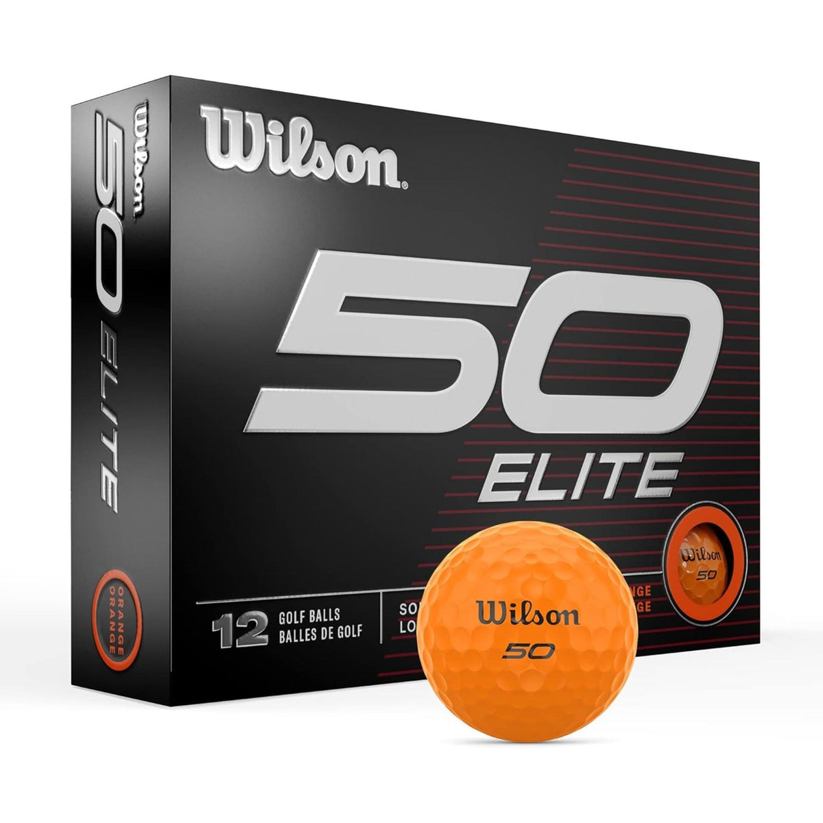 Wilson Fifty Elite golf balls 12 pack featuring low-compression construction, advanced rubber core, and aerodynamic dimple design for soft feel, long distance, and stable flight off the tee.
