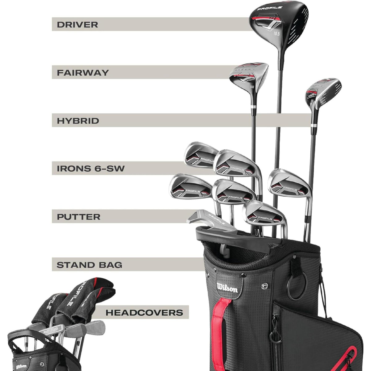 Wilson Golf Teen Profile complete golf club set with stand bag in black and gray with red accents, featuring multiple clubs and built-in stand legs, shown on a white background.