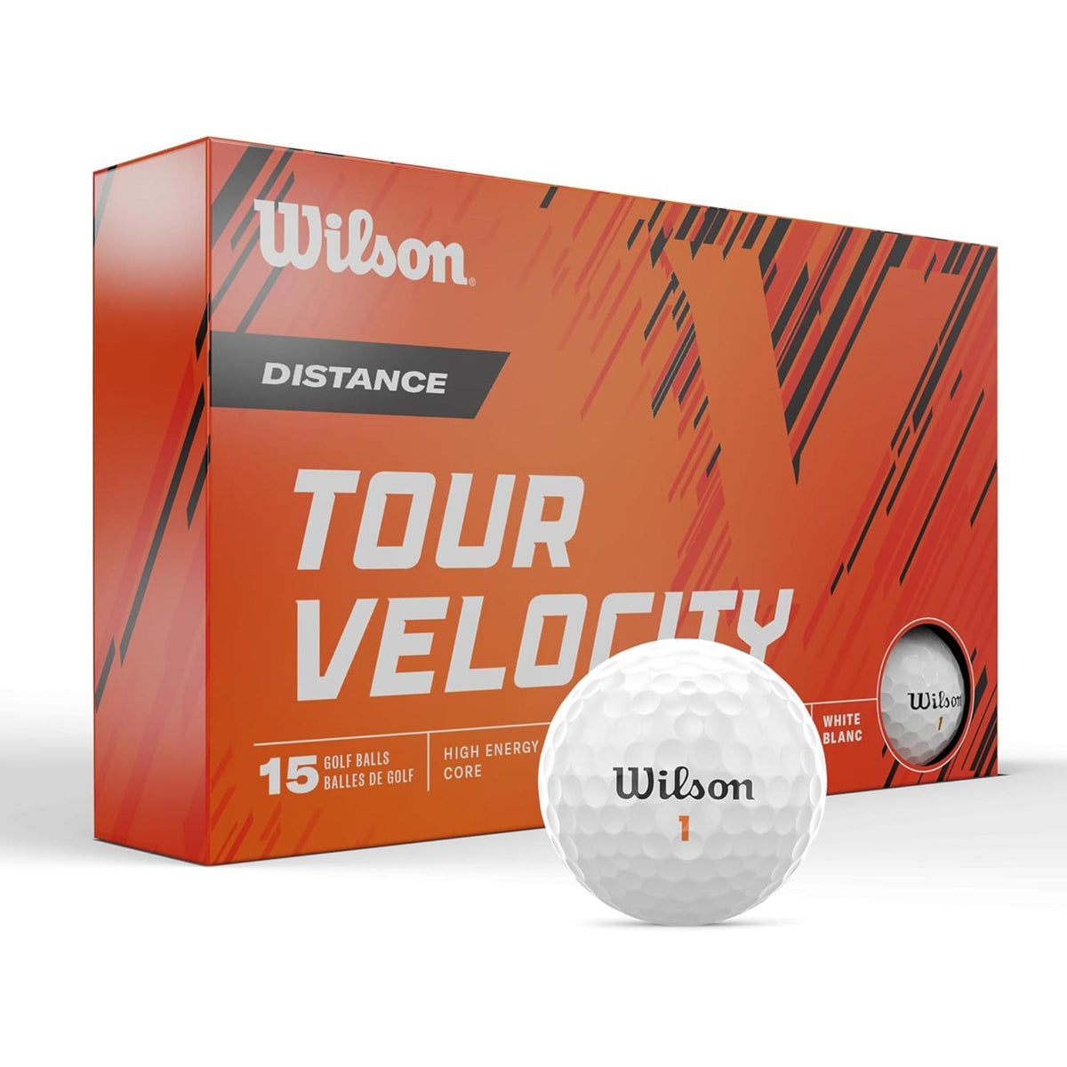 Wilson Tour Velocity Distance golf balls 15-pack in orange box packaging with a single white Wilson golf ball displayed in front.