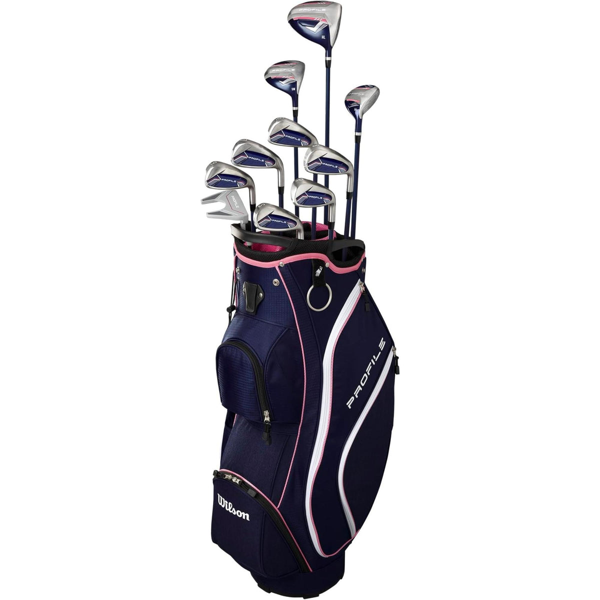 Wilson Golf Women’s Profile complete golf club set with cart bag in navy blue and pink, featuring multiple clubs and several zippered storage pockets.