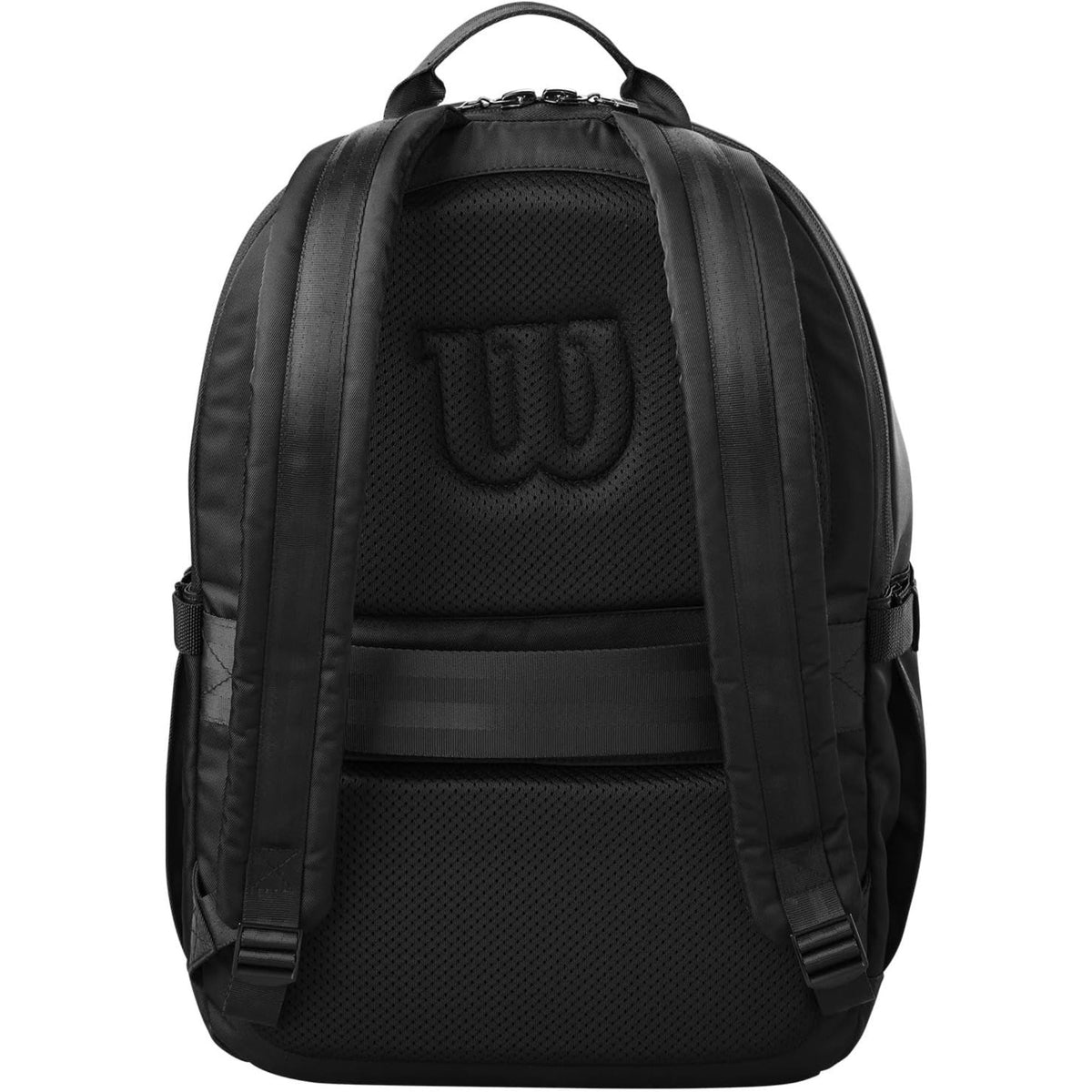 Wilson Golf Tour backpack in black with multiple zippered compartments, padded shoulder straps, and vertical Wilson logo, shown on a white background.