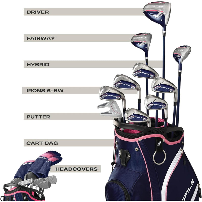 Wilson Golf Women’s Profile complete golf club set with cart bag in navy blue and pink, featuring multiple clubs and several zippered storage pockets.