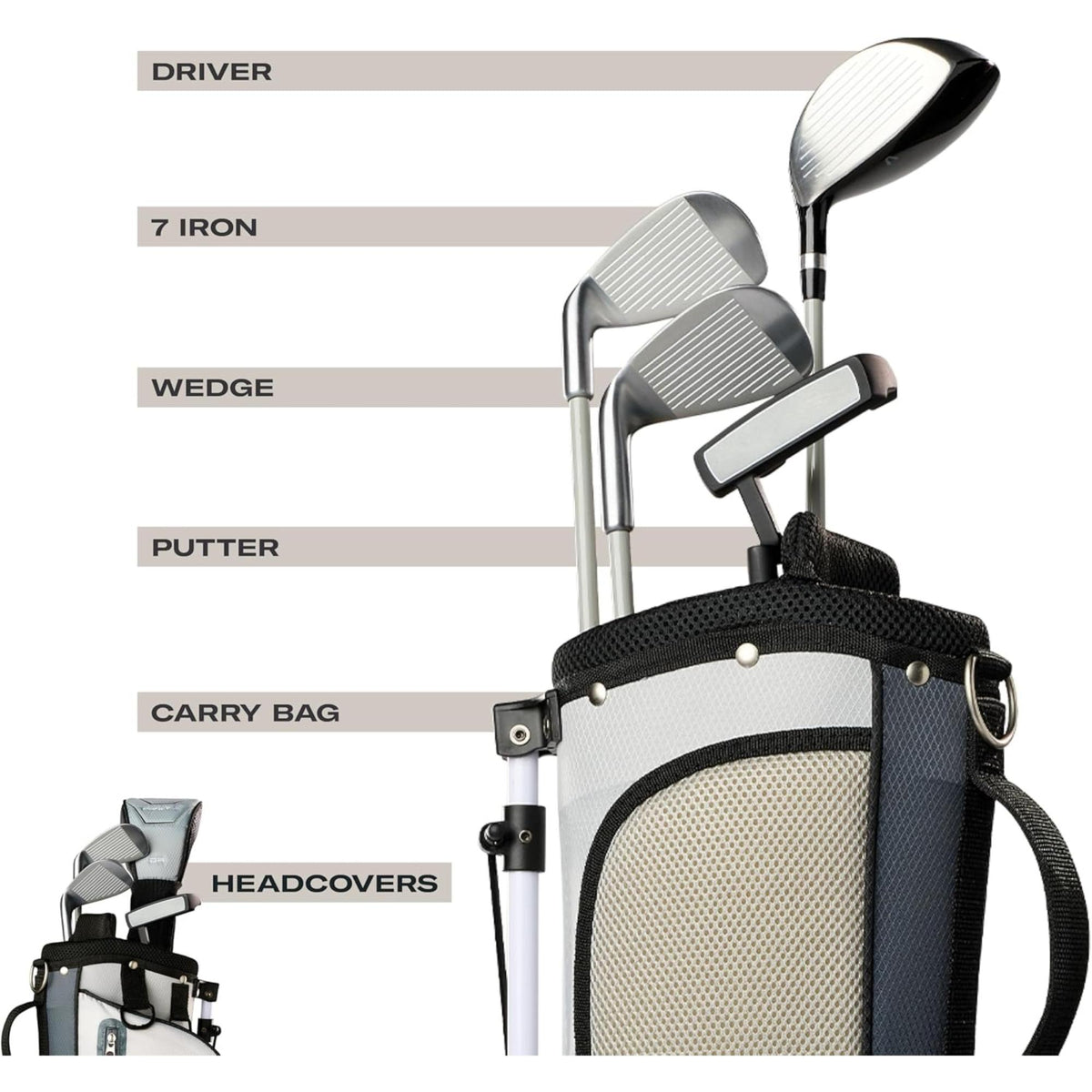 Wilson Golf Profile Jr small complete golf set with stand bag in gray and black, featuring junior clubs, dual shoulder straps, and built-in stand legs.