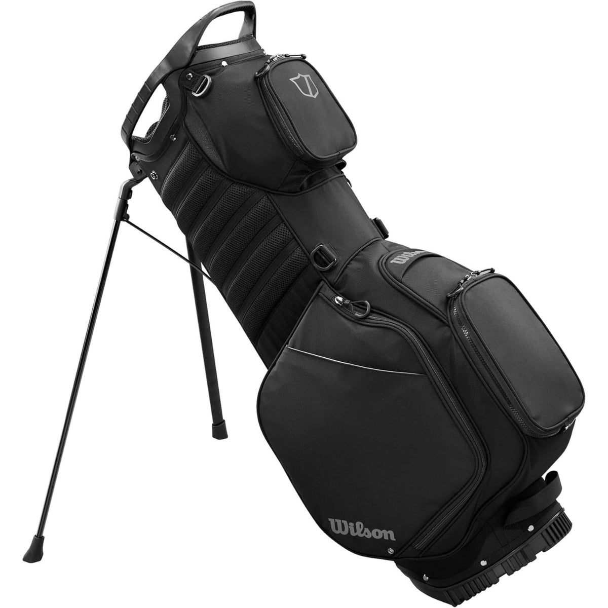 Wilson Golf Talus stand golf bag, multiple zippered pockets, built-in stand legs, and top carry handle, displayed on a white background.