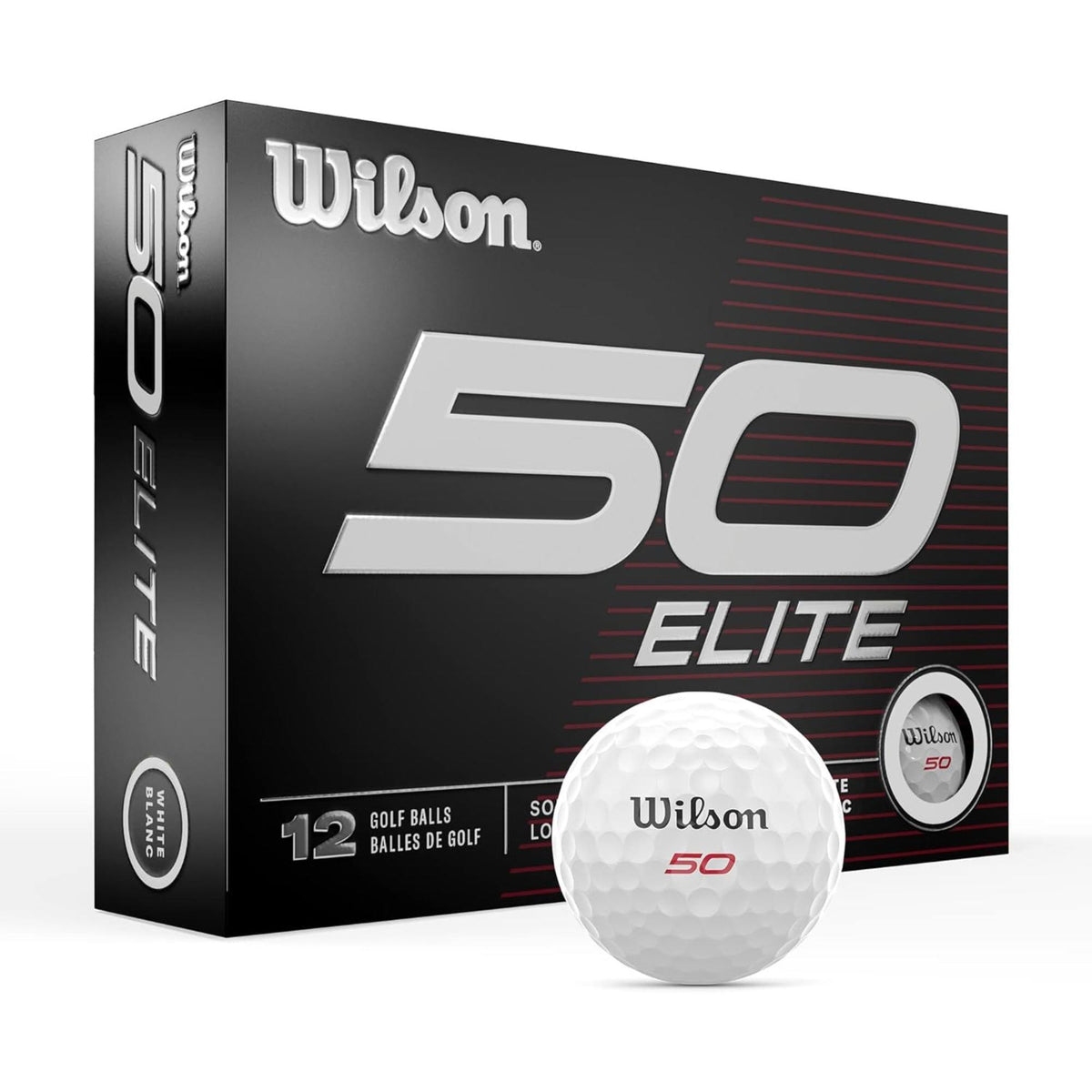 Wilson Fifty Elite golf balls 12 pack featuring low-compression construction, advanced rubber core, and aerodynamic dimple design for soft feel, long distance, and stable flight off the tee.