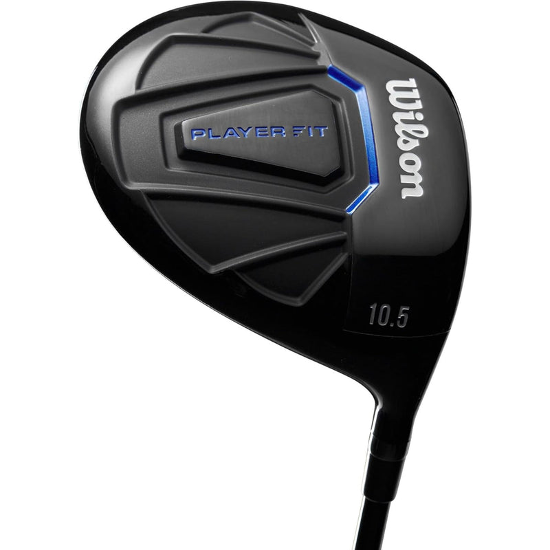 Wilson Golf Men’s PlayerFit steel complete golf club set with driver, woods, irons, and putter in a blue and black cart bag, shown standing on a white background.