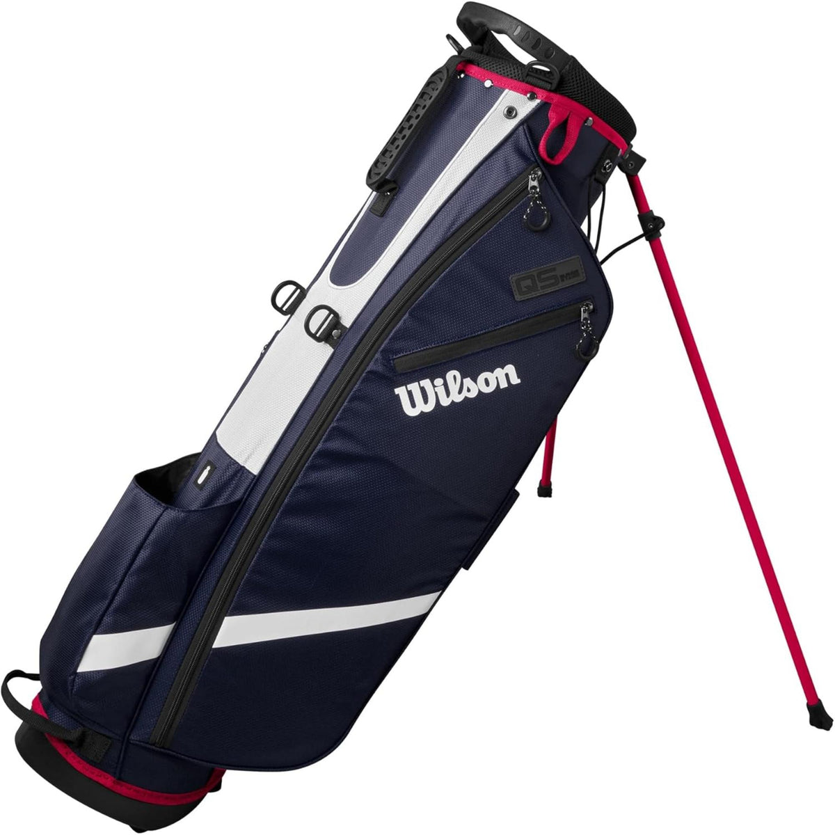 Wilson Golf QS stand golf bag in black and white with multiple zippered pockets, built-in stand legs, and top carry handle, displayed on a white background.