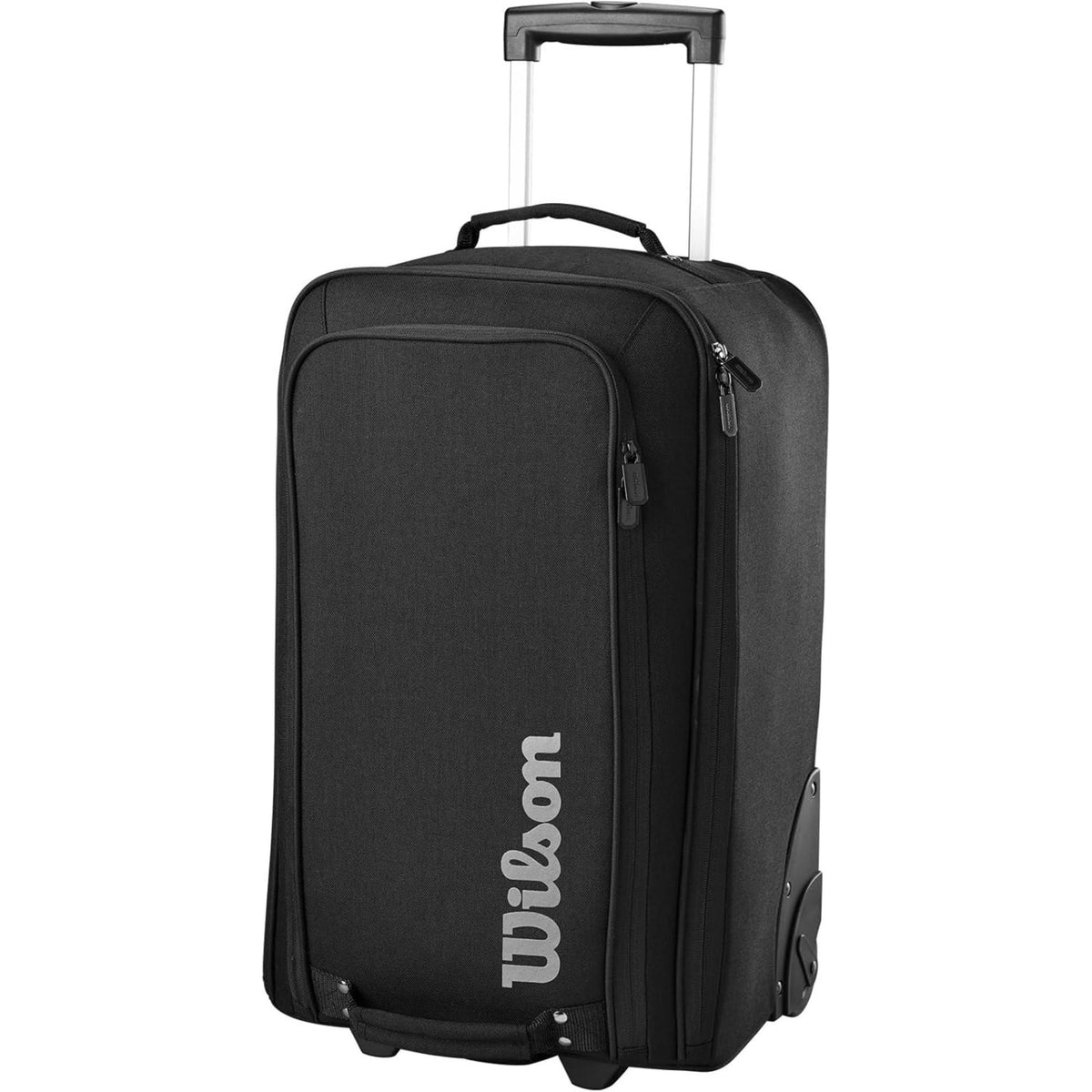 Wilson Golf Tour carry-on luggage in black with multiple zippered compartments, durable fabric construction, and vertical Wilson logo, designed for travel and golf gear storage.