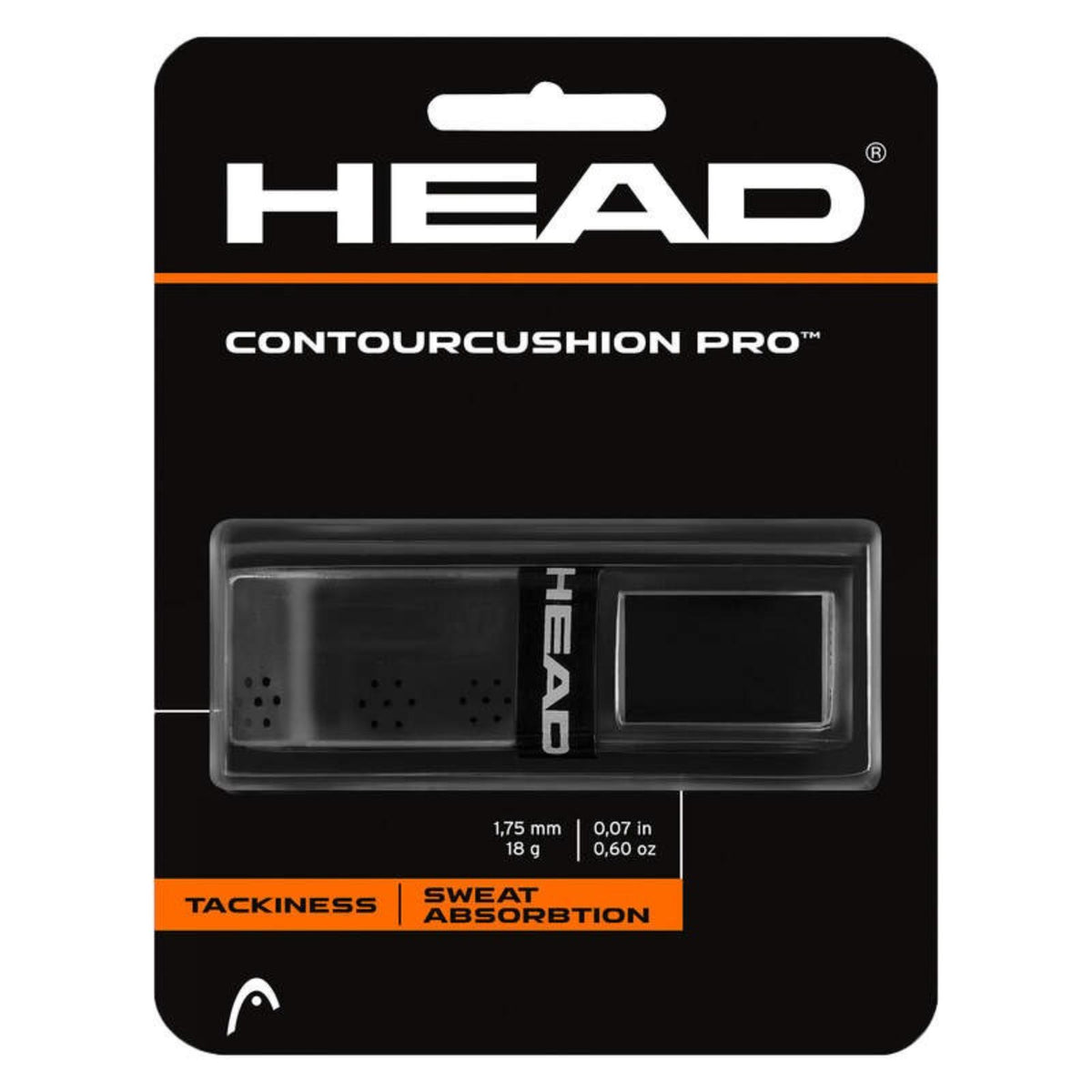 HEAD Contour Cushion Pro tennis replacement grip in black retail packaging highlighting tackiness and sweat absorption.