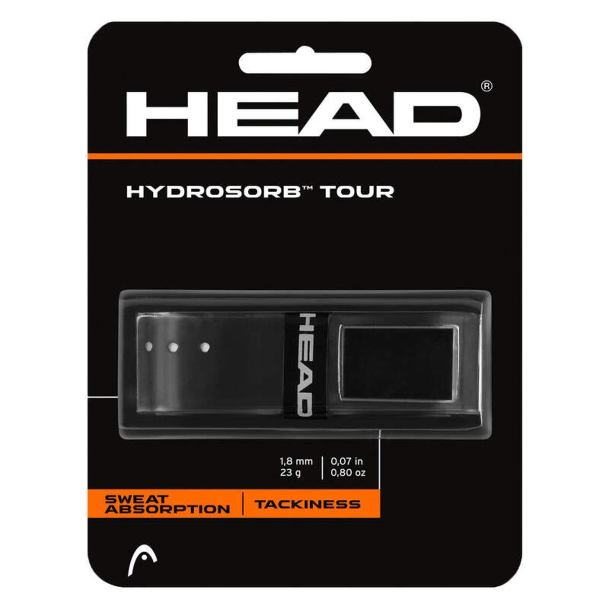 Black HEAD Hydrosorb Tour tennis grips shown in retail blister packaging, highlighting sweat absorption and tackiness features.