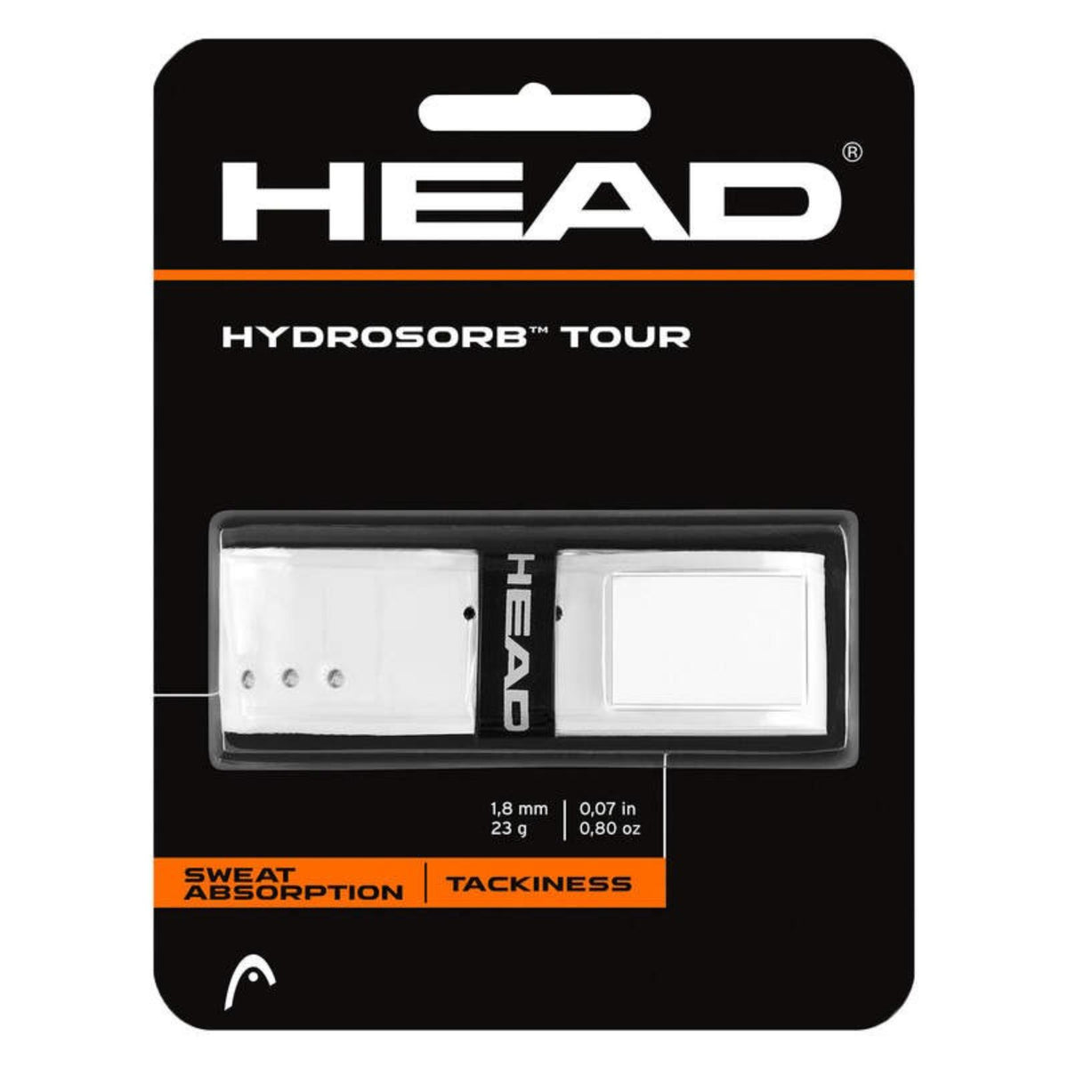 White HEAD Hydrosorb Tour tennis grips shown in retail blister packaging, highlighting sweat absorption and tackiness features.