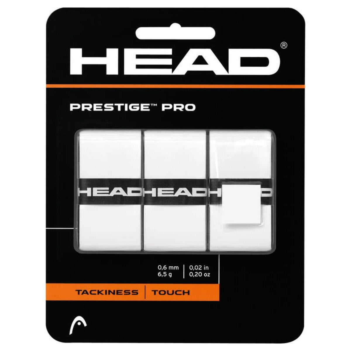 HEAD Prestige Pro overgrip package featuring three white tennis overgrips with tackiness and touch performance.