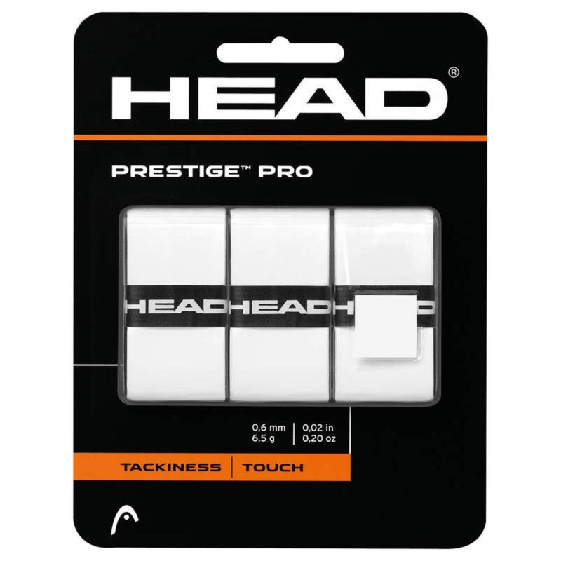 HEAD Prestige Pro overgrip package featuring three white tennis overgrips with tackiness and touch performance.
