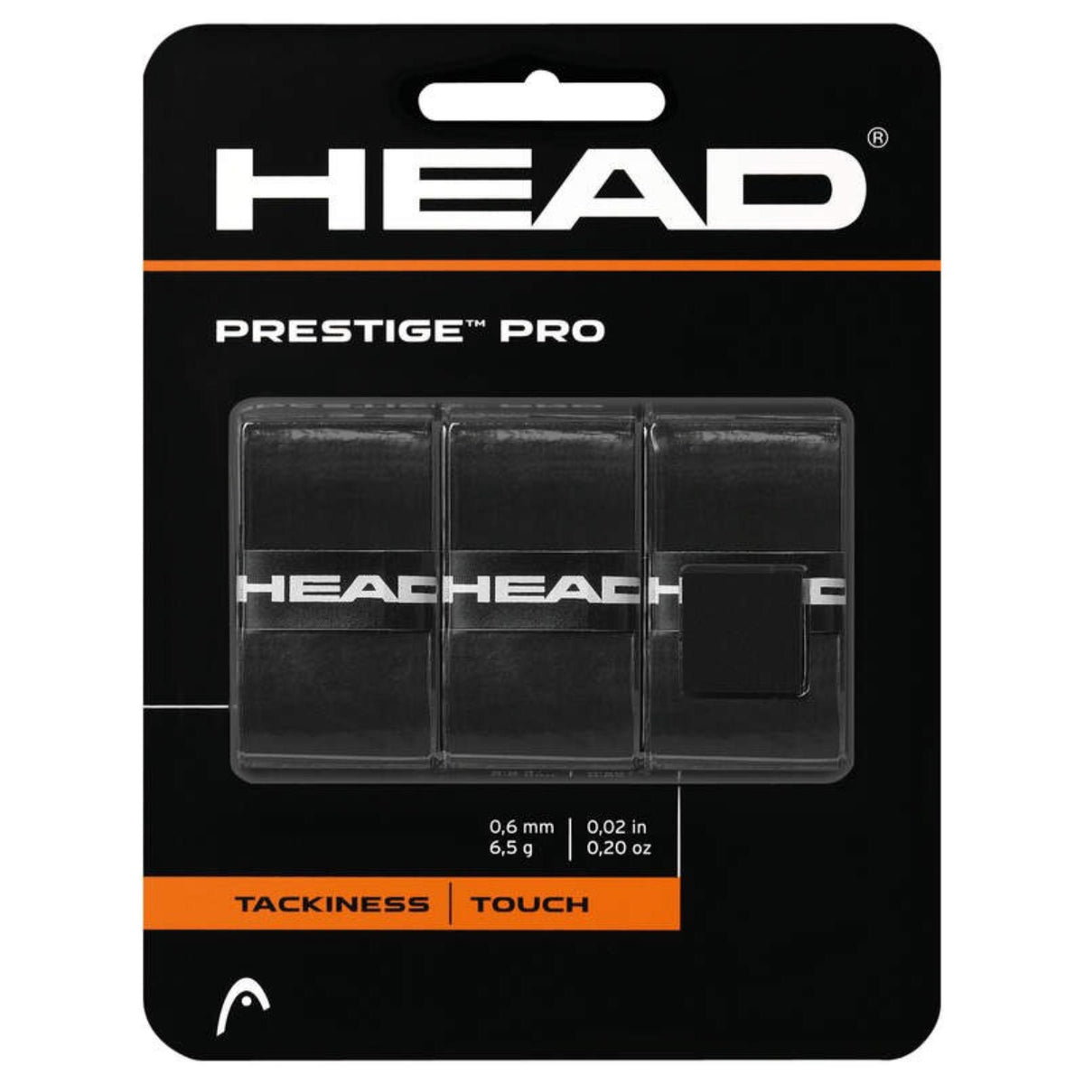HEAD Prestige Pro overgrip package featuring three black tennis overgrips designed for tackiness and improved touch.