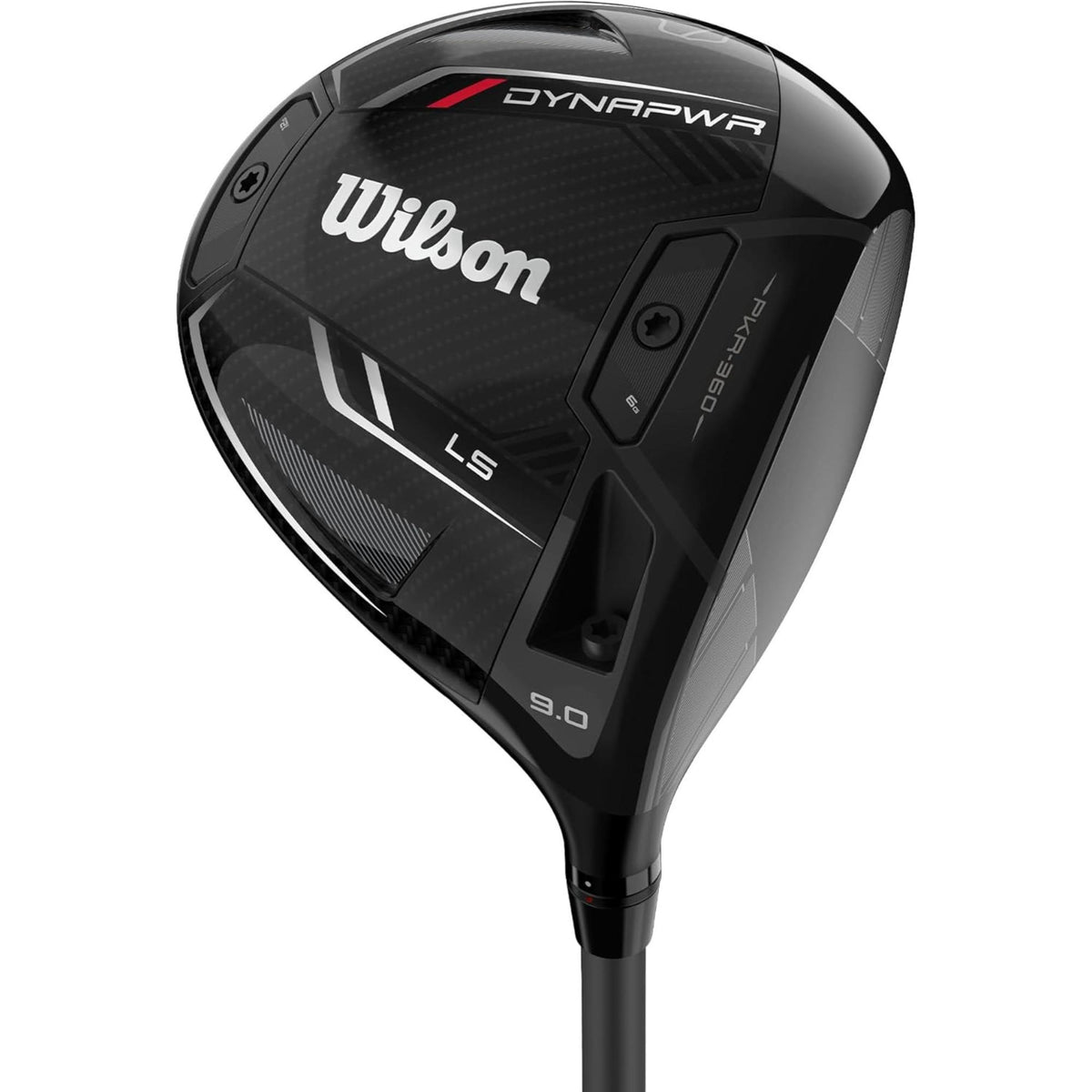 Wilson Golf DYNAPWR LS driver featuring a black carbon crown club head, PKR-360 technology, and 9.0° loft designed for low spin and maximum distance.