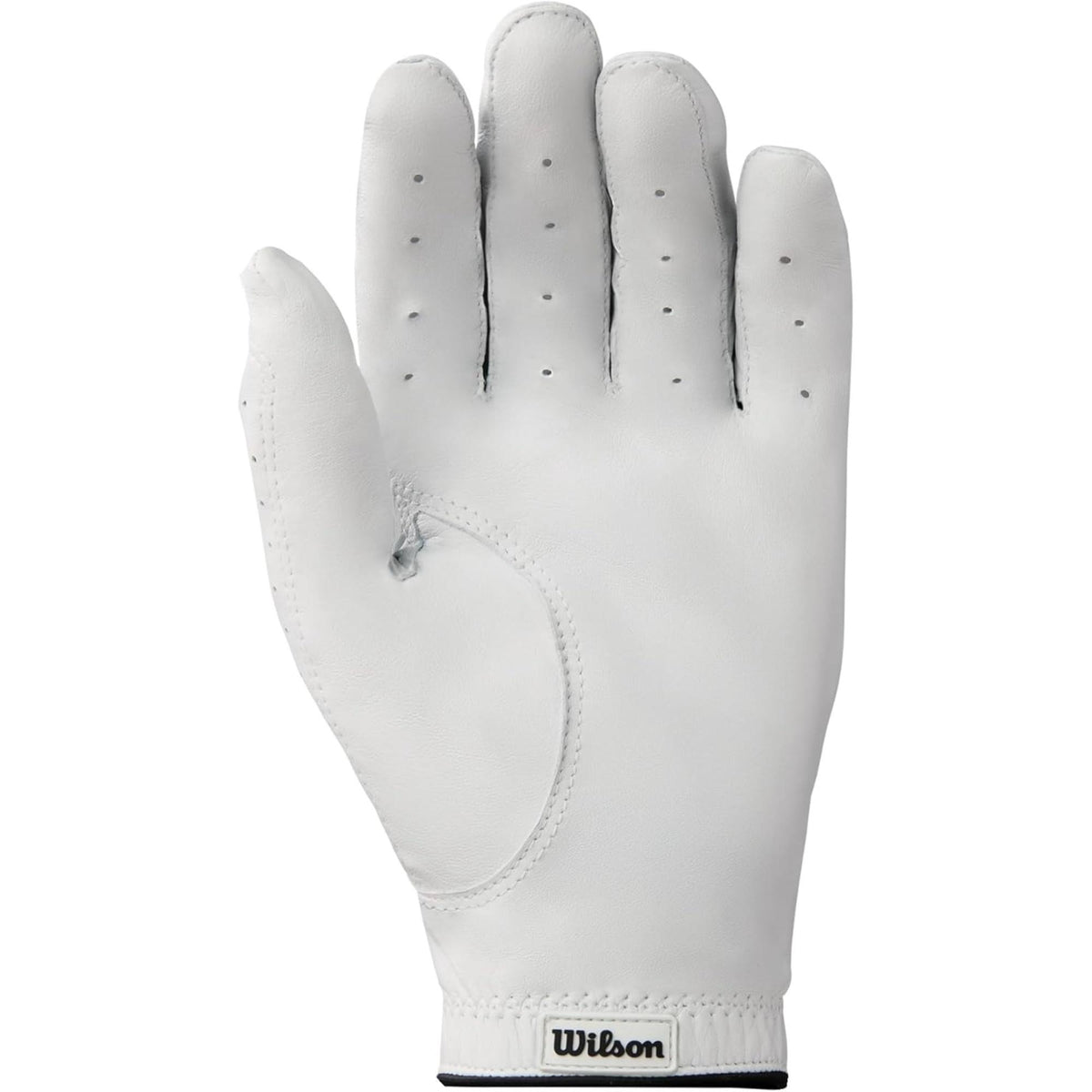 Wilson Golf Men’s Conform golf glove in white with black mesh stretch panel, perforated fingers for ventilation, and adjustable wrist closure, shown front and back on a white background.