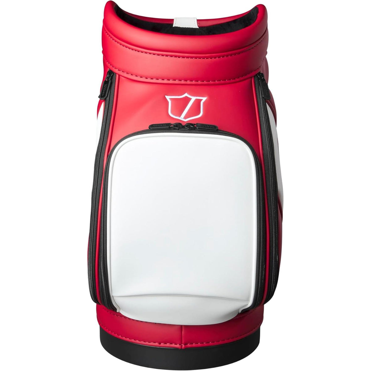 Wilson Golf Tour Range Caddie bag in red and white with large Wilson logo, compact design, and zippered storage pocket, shown on a white background.