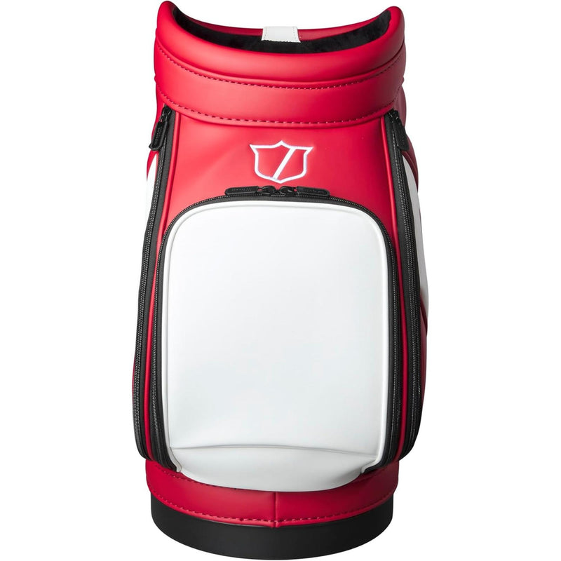 Wilson Golf Tour Range Caddie bag in red and white with large Wilson logo, compact design, and zippered storage pocket, shown on a white background.