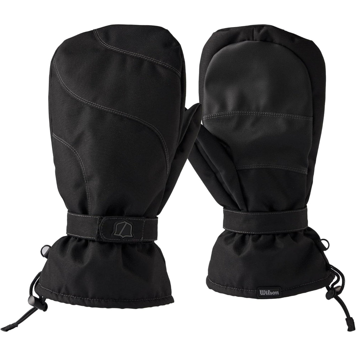 Wilson Golf winter golf mittens in black featuring insulated construction, adjustable wrist straps, and drawstring cuffs for cold-weather protection.
