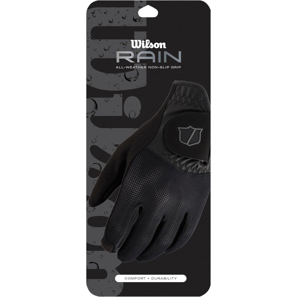 Wilson Golf rain golf gloves in black with textured grip material, breathable mesh backing, and adjustable wrist closure, shown front and back on a white background.