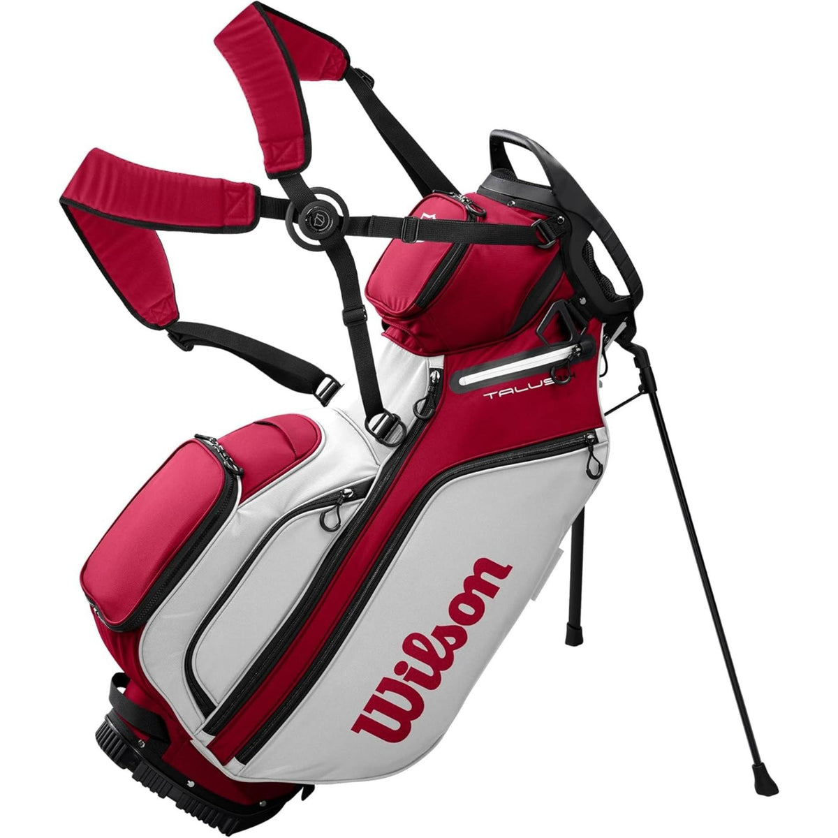 Wilson Golf Talus stand golf bag, multiple zippered pockets, built-in stand legs, and top carry handle, displayed on a white background.