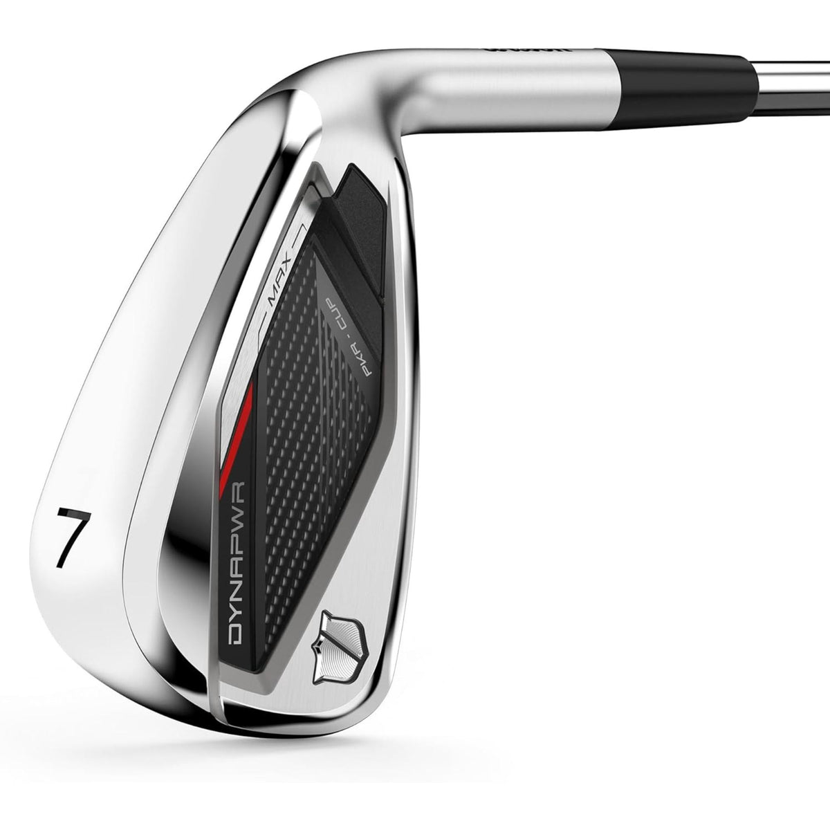 Wilson Golf DYNAPWR Max steel iron featuring a cavity back design, PKR-Cup face technology, and a polished chrome club head for distance and forgiveness.