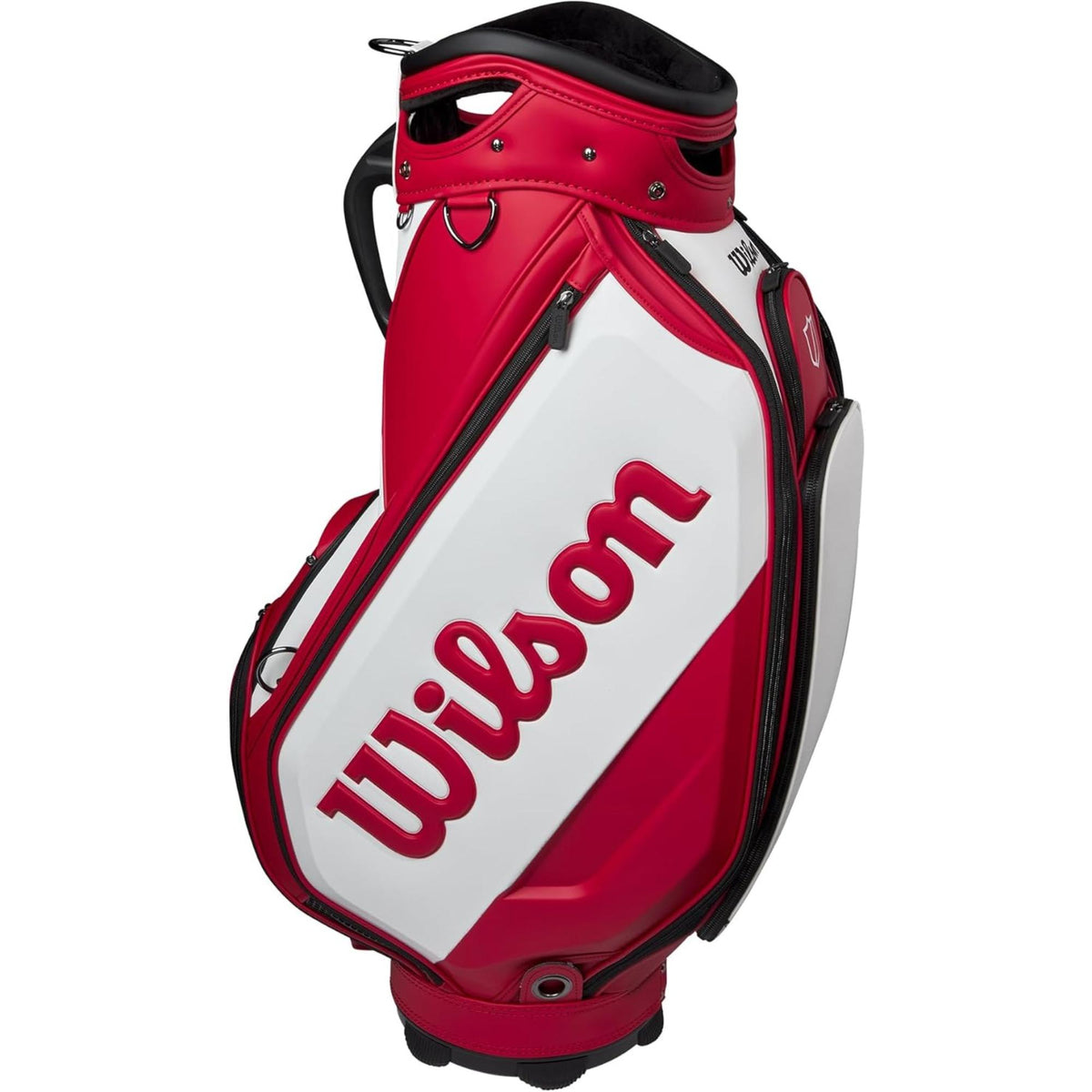 Wilson Golf Staff Tour cart bag in red and white with large Wilson logo, premium structured design, and multiple zippered storage pockets, displayed on a white background.