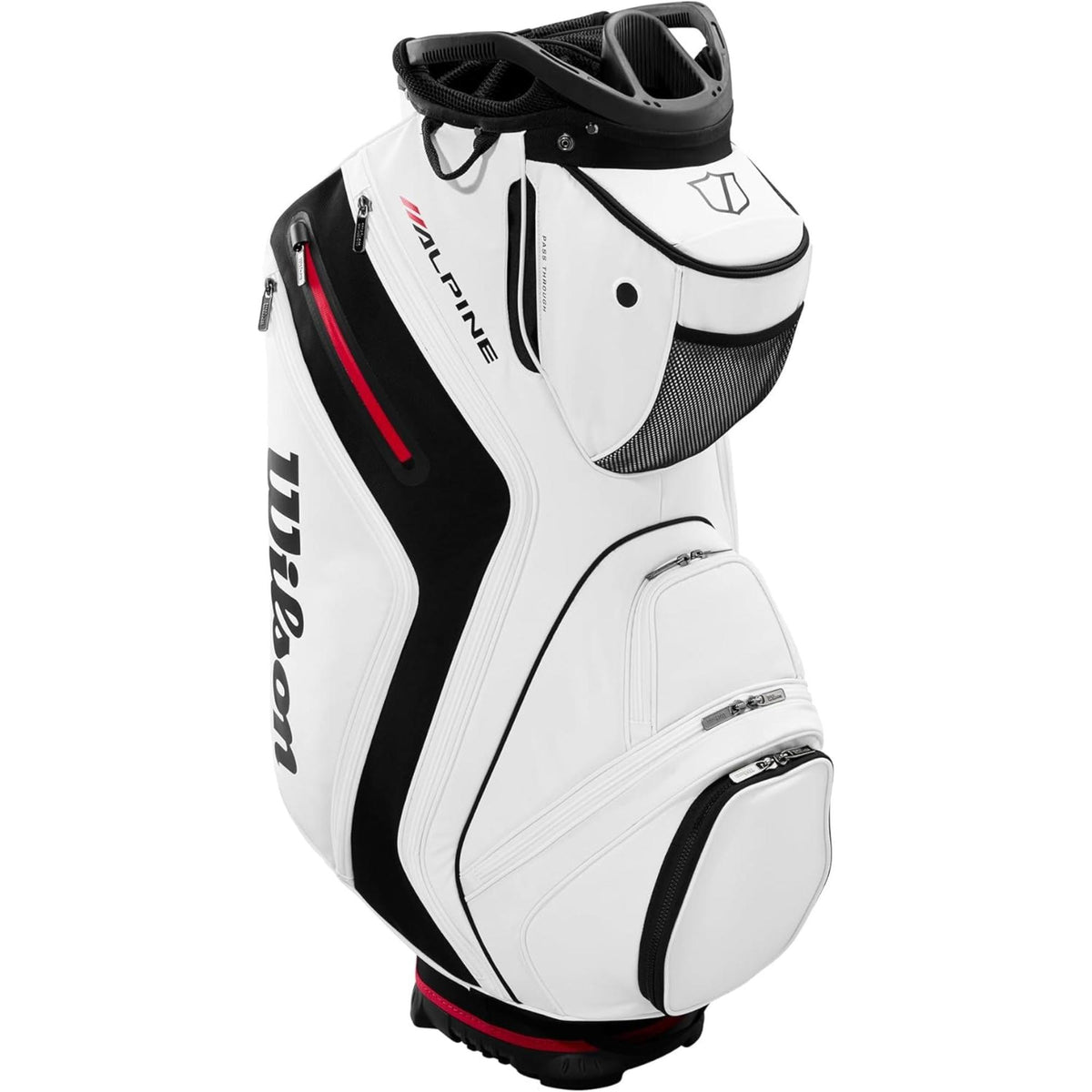 Wilson Golf Alpine cart bag with multiple zippered storage pockets, top club dividers, and integrated carry handles, displayed on a white background.