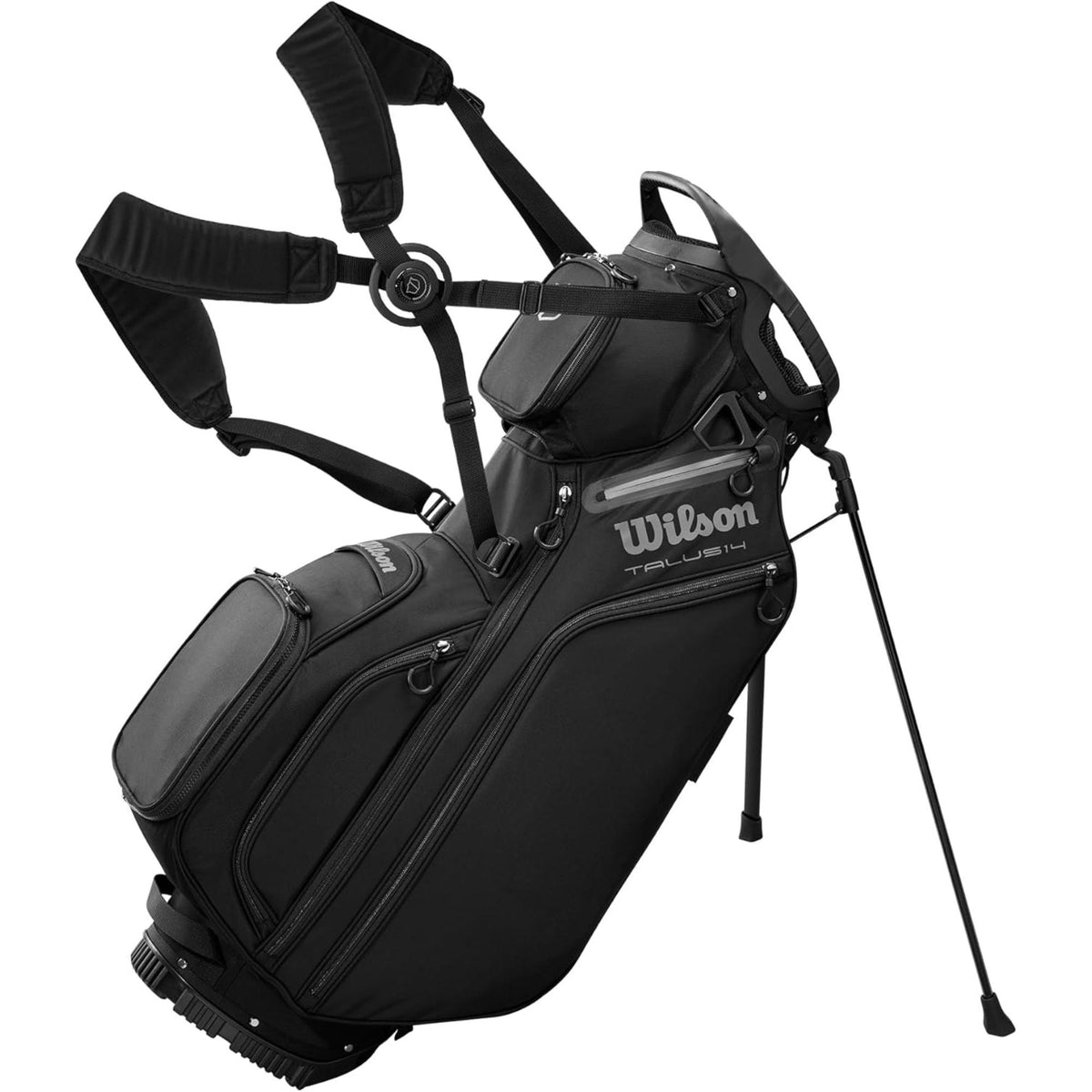 Wilson Golf Talus stand golf bag, multiple zippered pockets, built-in stand legs, and top carry handle, displayed on a white background.