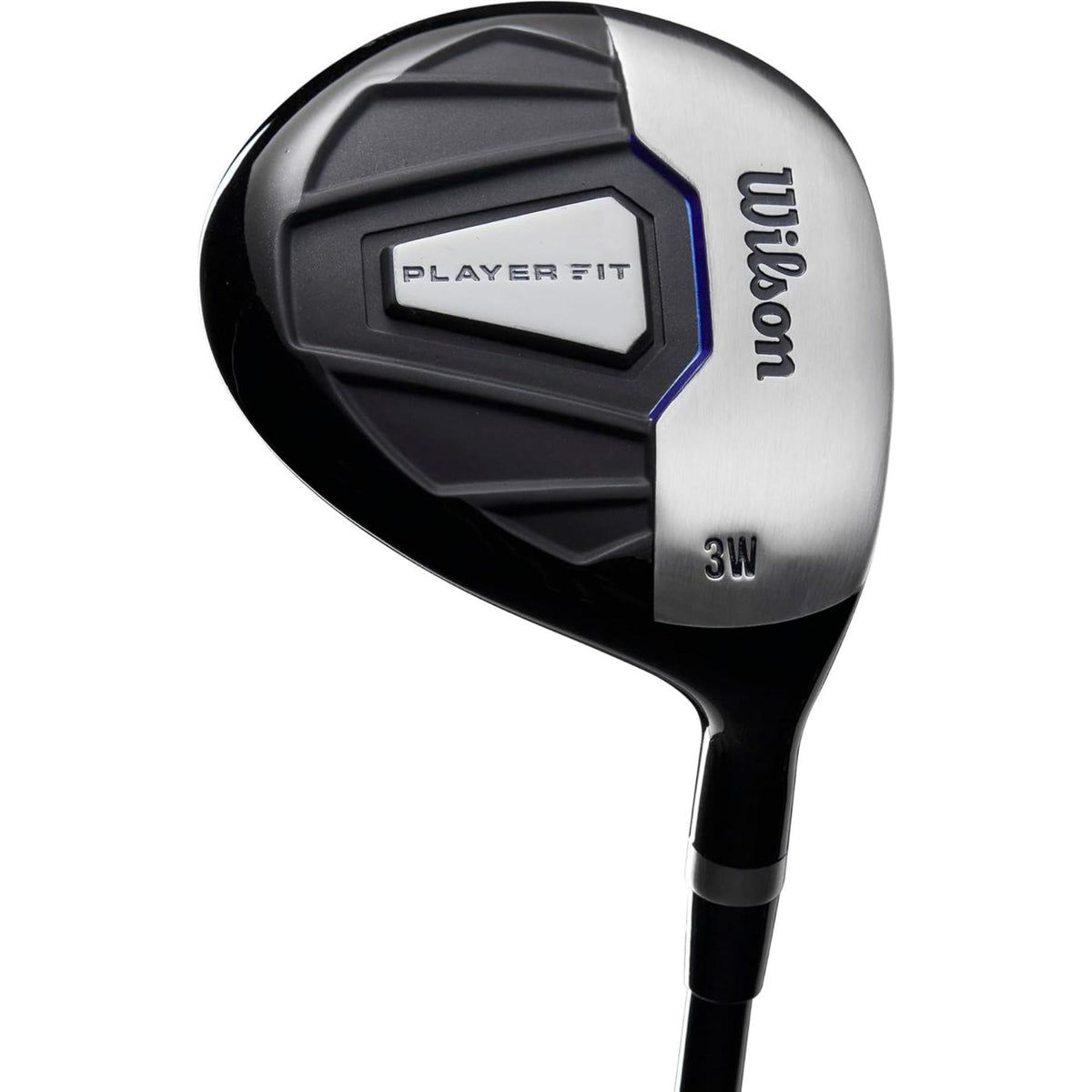 Wilson Golf Men’s PlayerFit steel complete golf club set with driver, woods, irons, and putter in a blue and black cart bag, shown standing on a white background.