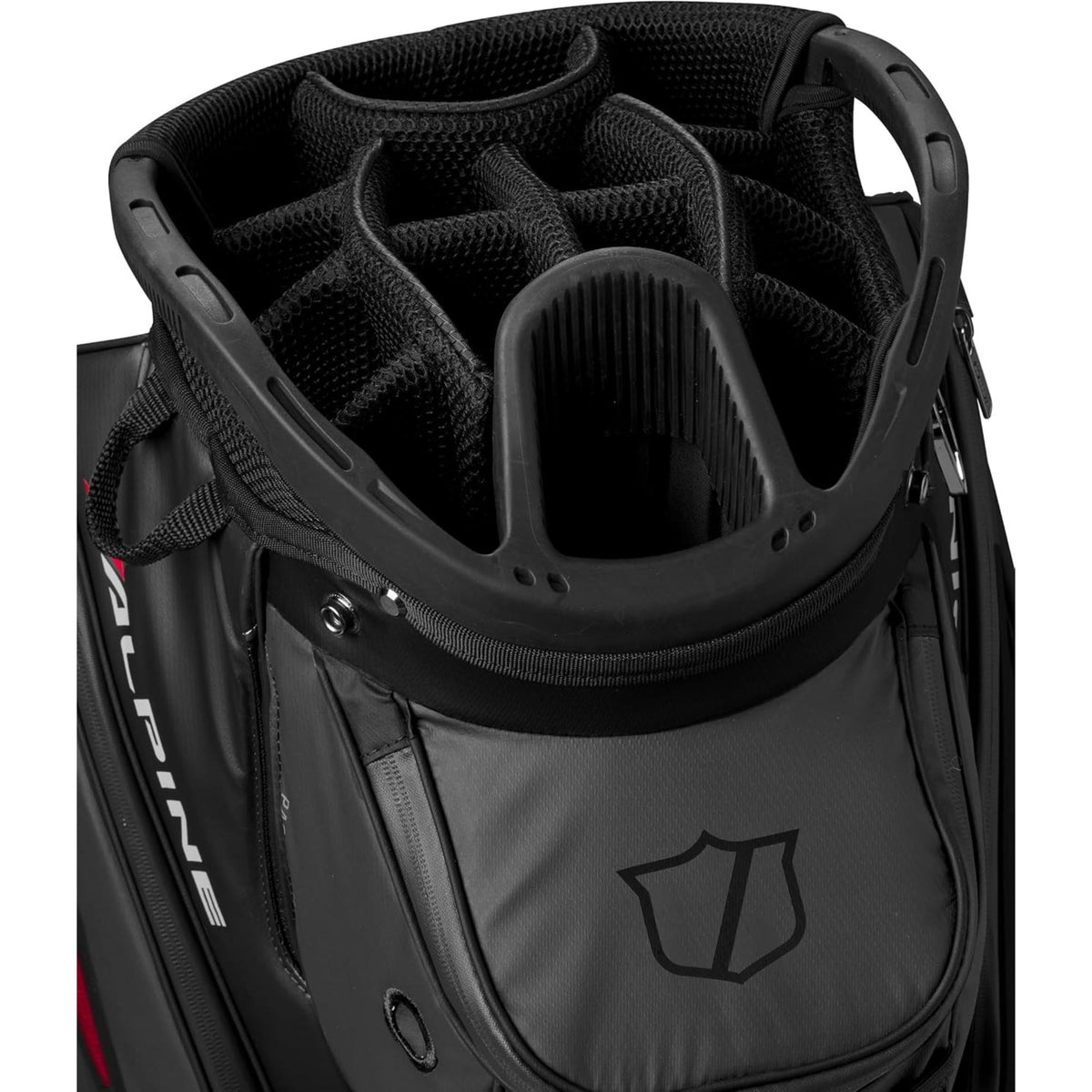Wilson Golf Alpine cart bag with multiple zippered storage pockets, top club dividers, and integrated carry handles, displayed on a white background.