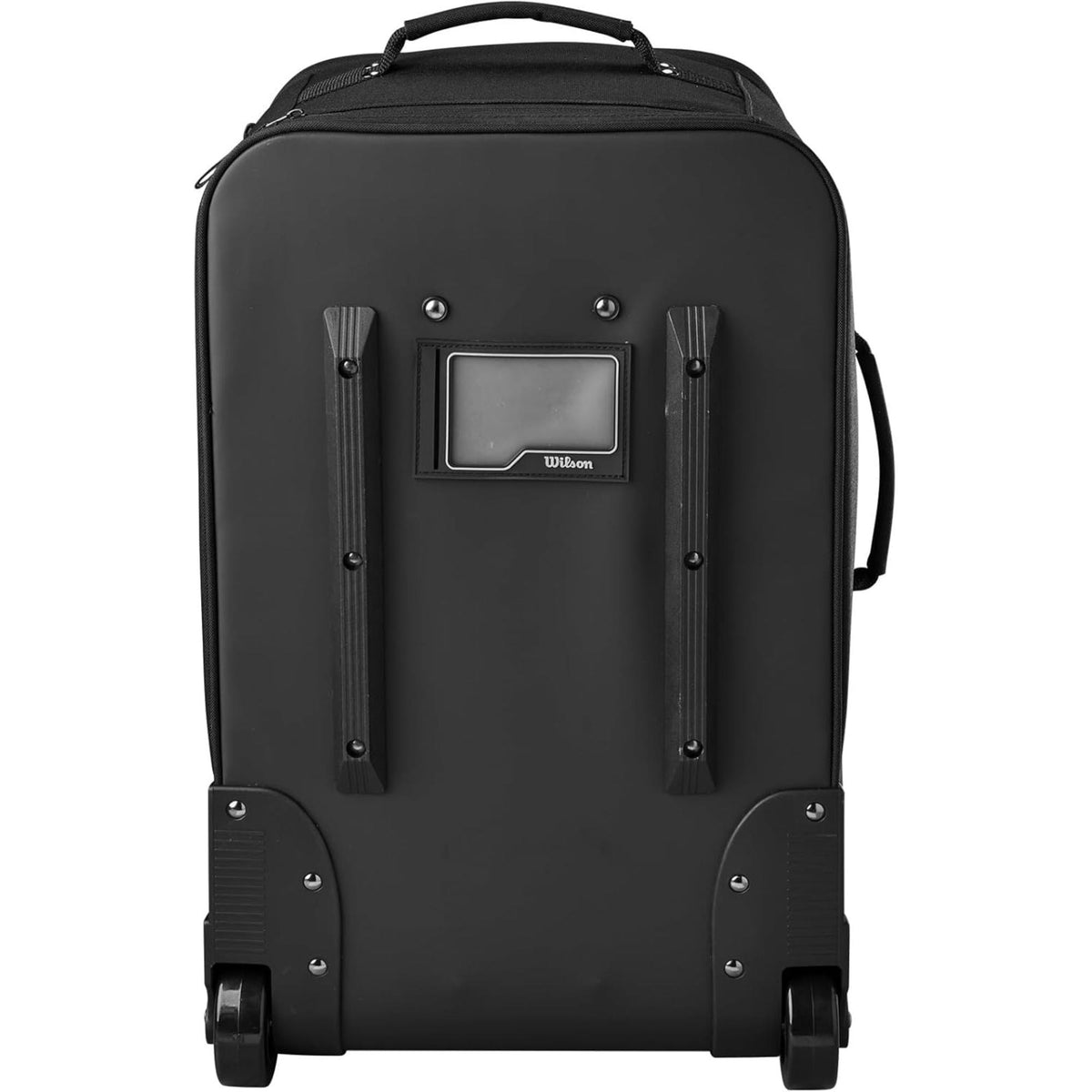 Wilson Golf Tour carry-on luggage in black with multiple zippered compartments, durable fabric construction, and vertical Wilson logo, designed for travel and golf gear storage.