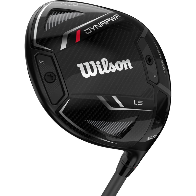 Wilson Golf DYNAPWR LS driver featuring a black carbon crown club head, PKR-360 technology, and 9.0° loft designed for low spin and maximum distance.