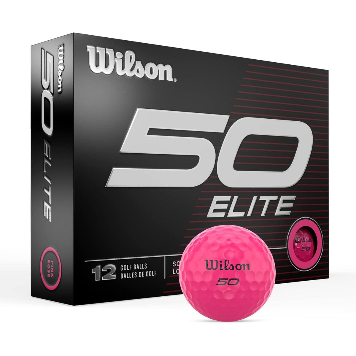 Wilson Fifty Elite golf balls 12 pack featuring low-compression construction, advanced rubber core, and aerodynamic dimple design for soft feel, long distance, and stable flight off the tee.