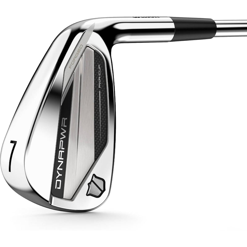 Wilson Golf DYNAPWR Forged steel iron featuring a forged cavity back design with PKR-Cup face technology and a polished chrome finish for precision and feel.