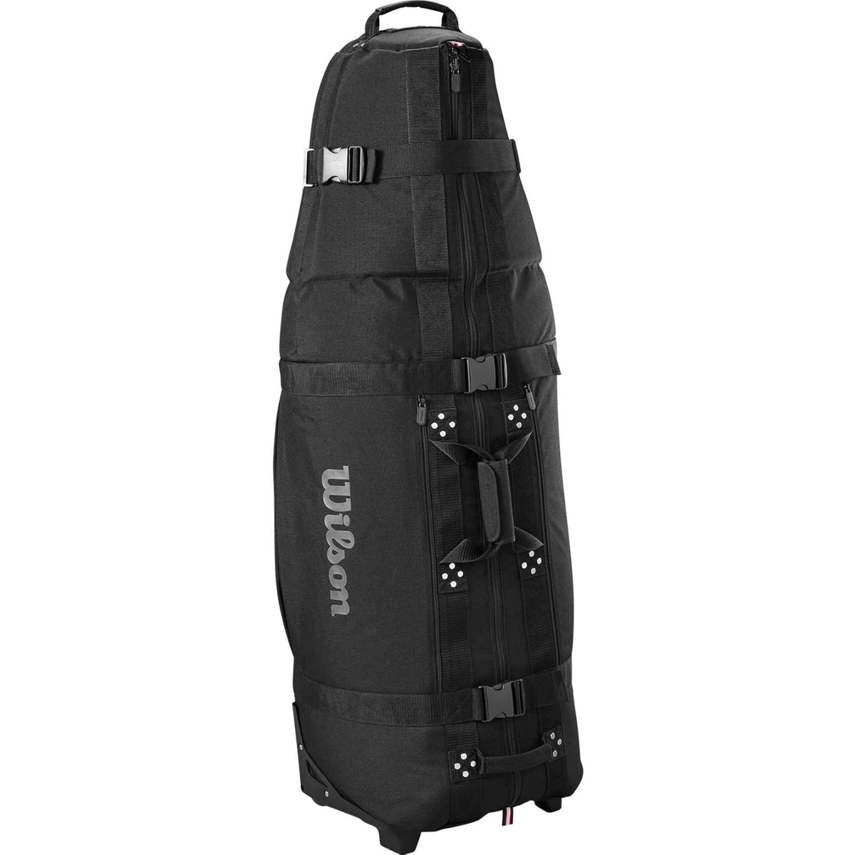 Wilson Golf Tour travel bag in black with reinforced straps, multiple buckles, and padded protection for transporting golf clubs, shown on a white background.