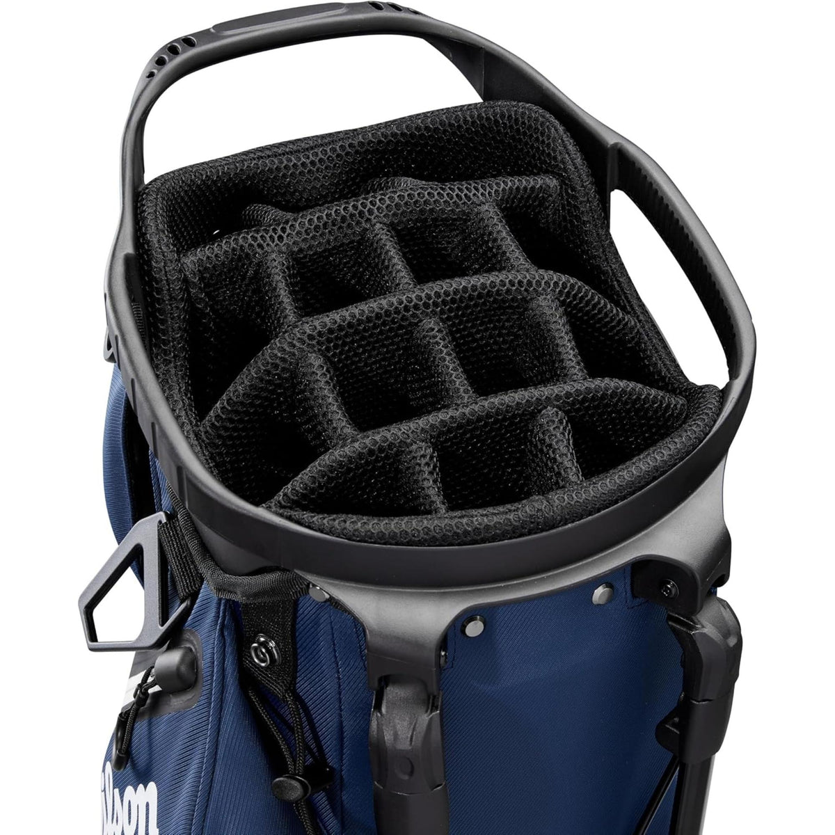 Wilson Golf Talus stand golf bag, multiple zippered pockets, built-in stand legs, and top carry handle, displayed on a white background.