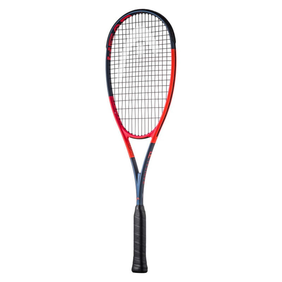 Head Radical tennis racket in red and black with black grip, full front view showing string bed and frame design.