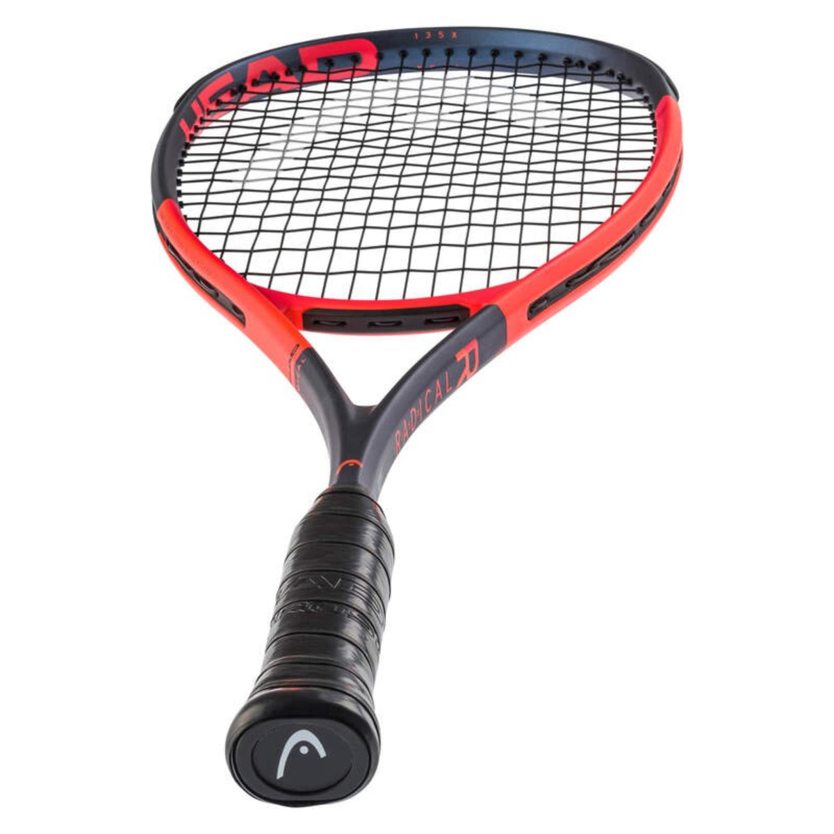 Head Radical tennis racket in red and black with black grip, full front view showing string bed and frame design.