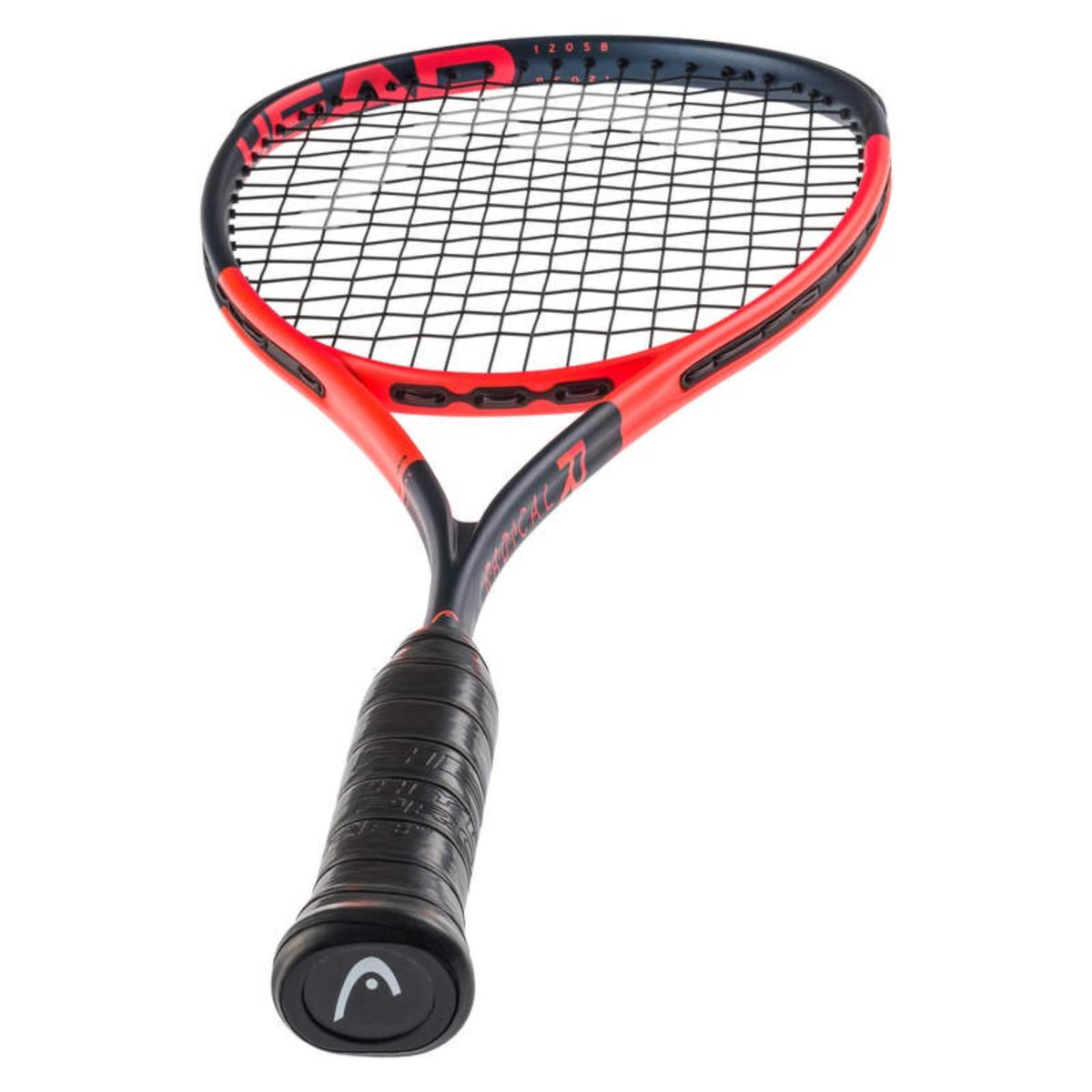 Head Radical tennis racket in red and navy blue with black grip, front view showing full string pattern and frame detailing.