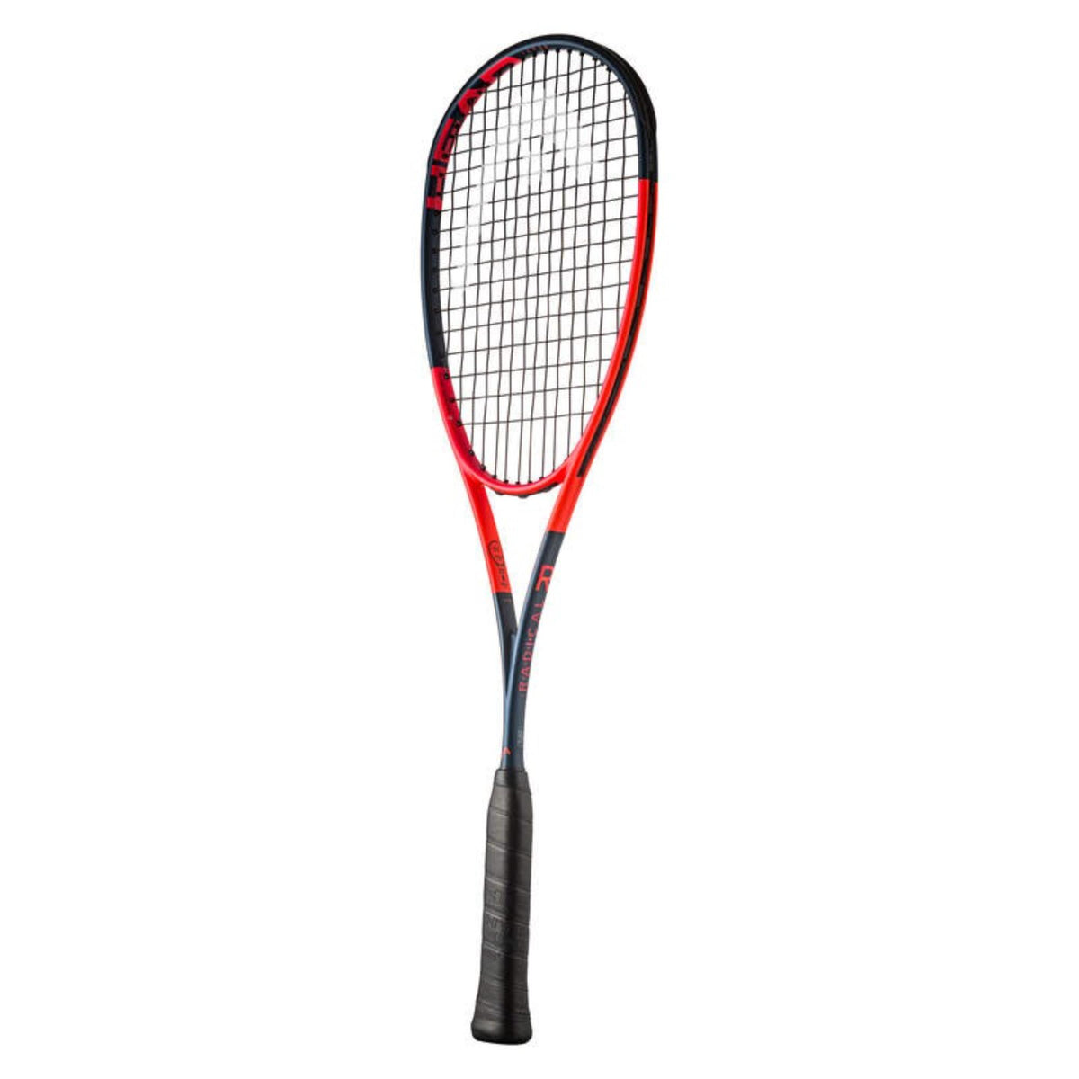 Head Radical tennis racket in red and navy blue with black grip, front view showing full string pattern and frame detailing.