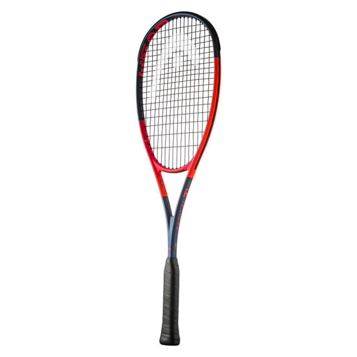 Head Radical tennis racket in red and black with black grip, full front view showing string bed and frame design.