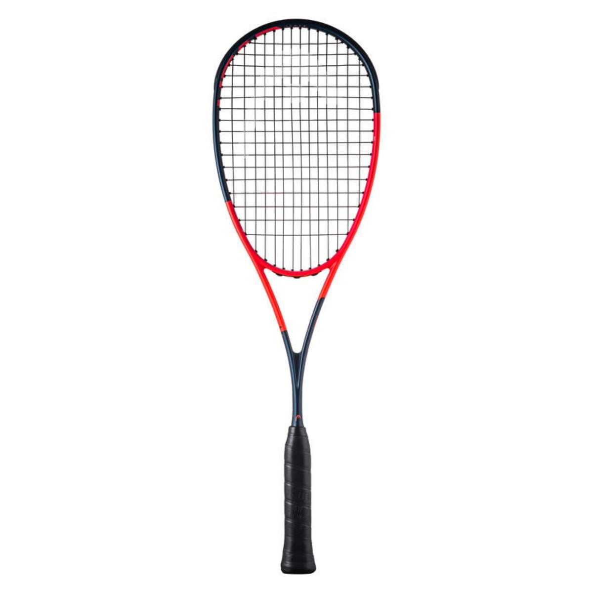 Head Radical tennis racket in red and navy blue with black grip, front view showing full string pattern and frame detailing.