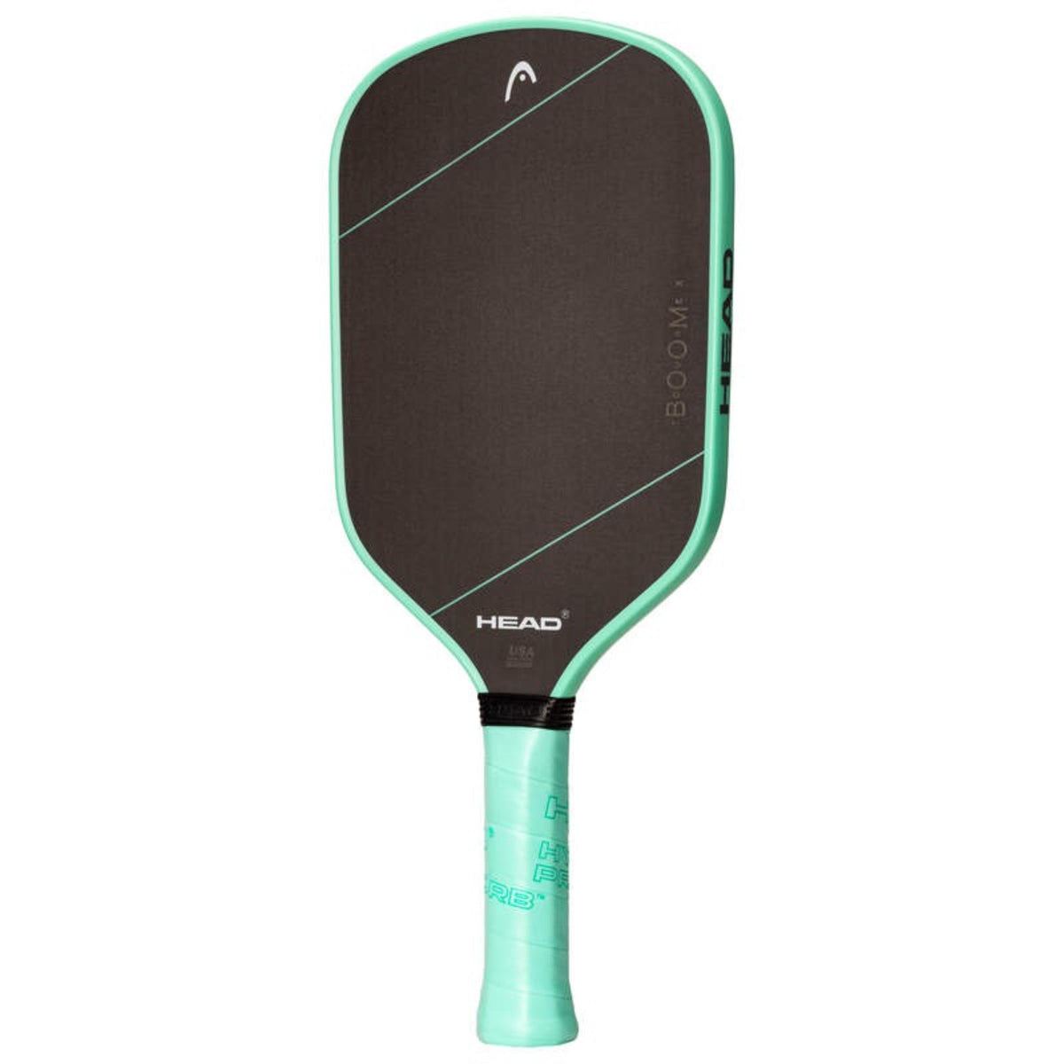 Head Boom MP pickleball paddle with dark brown face, mint green edge guard and handle, diagonal accent lines, and black collar above the grip, shown front view on white background.