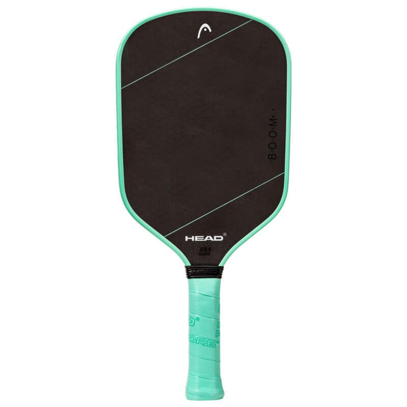 Head Boom MP pickleball paddle with dark brown face, mint green edge guard and handle, diagonal accent lines, and black collar above the grip, shown front view on white background.